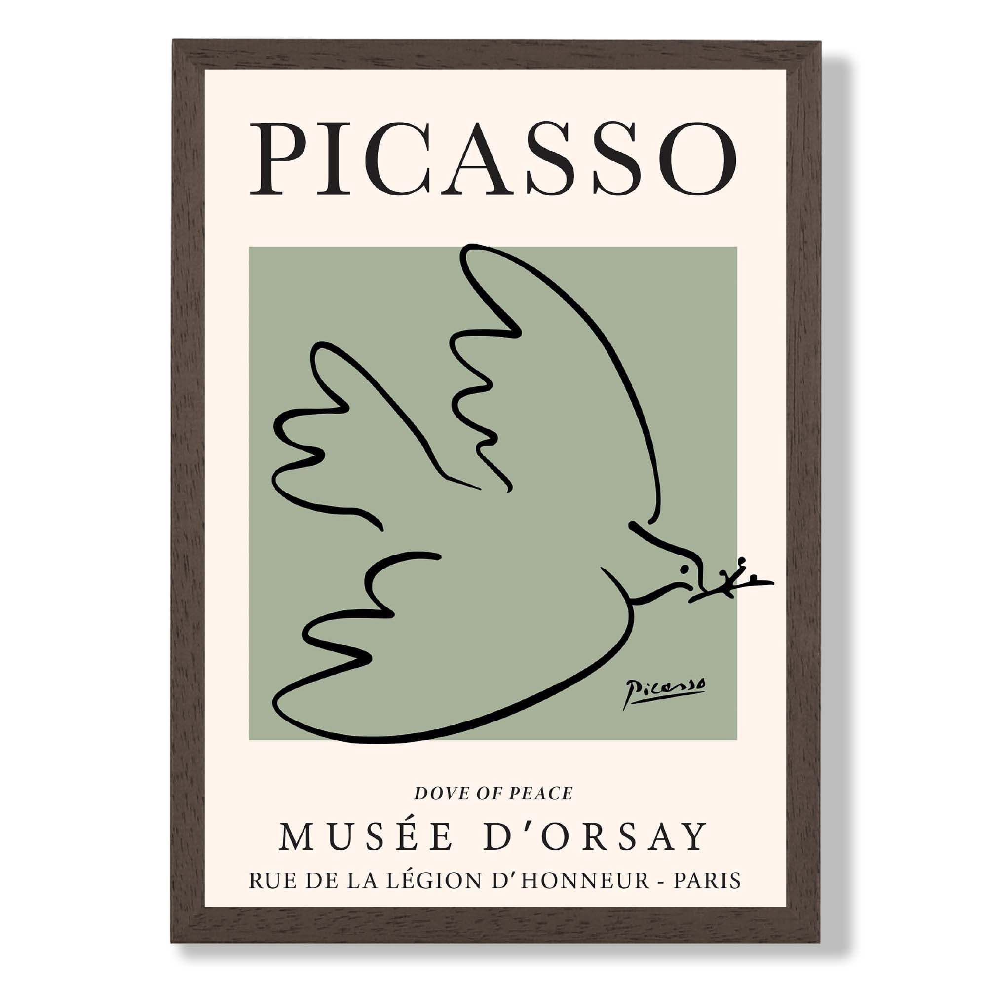 Picasso Dove on Sage Green print in Dark Wooden Frame