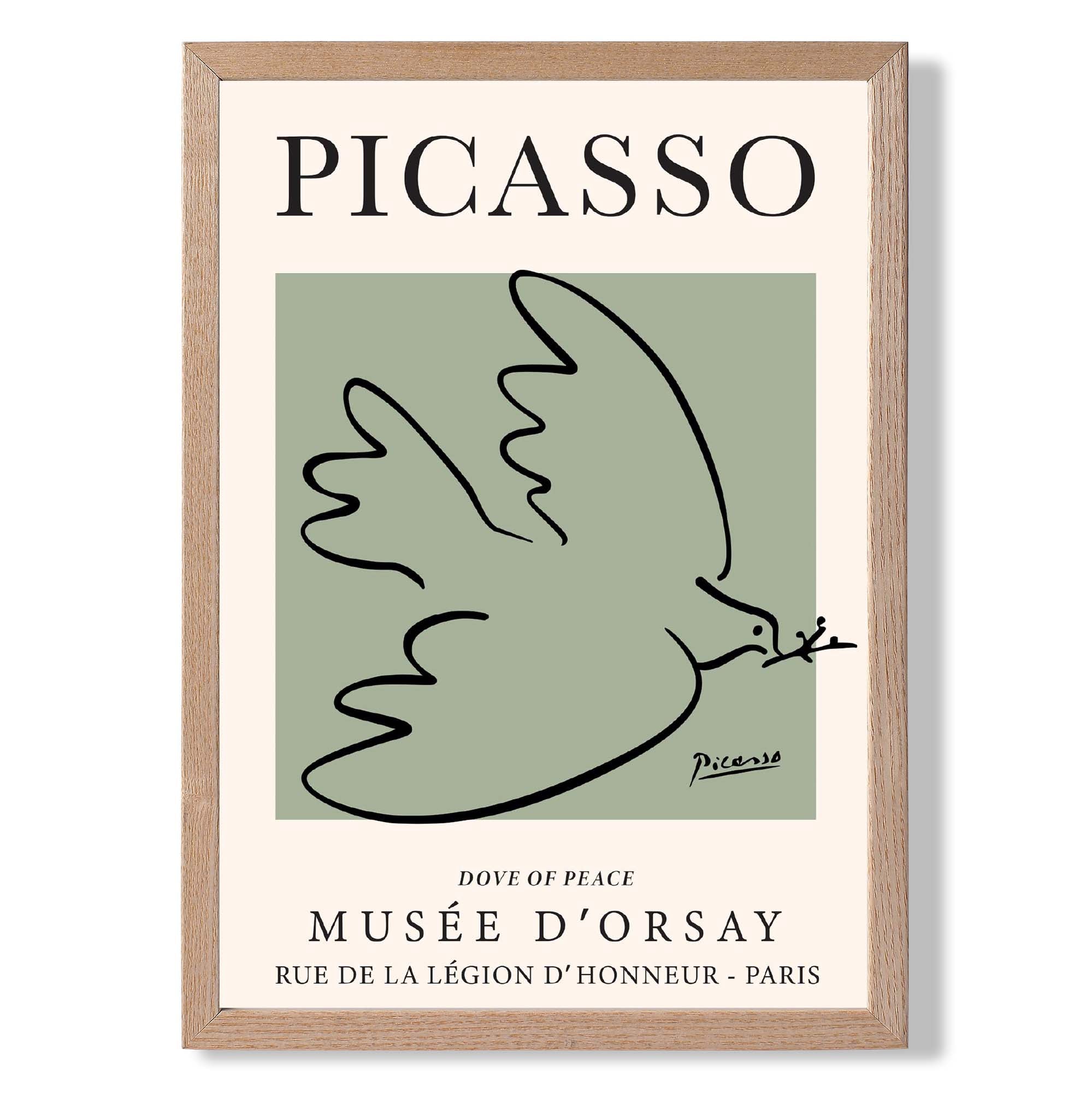 Picasso Dove on Sage Green print in Light Oak Wooden Frame