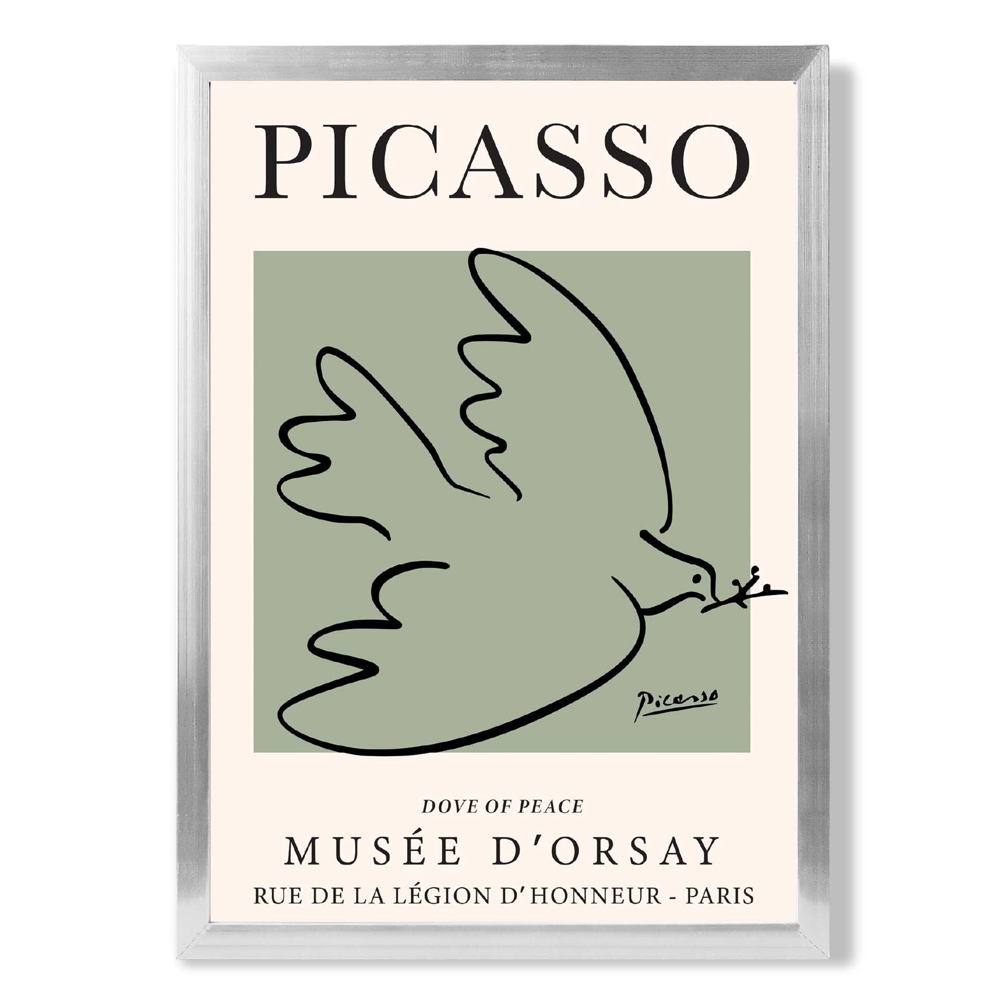 Picasso Dove on Sage Green print in Silver Wooden Frame