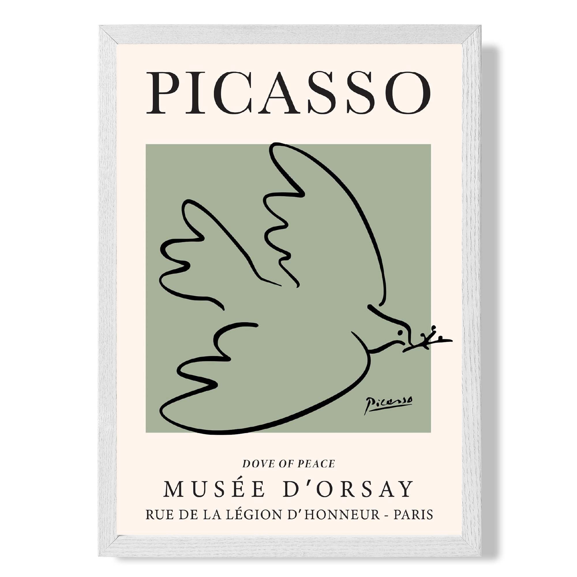 Picasso Dove on Sage Green print in White Wooden Frame