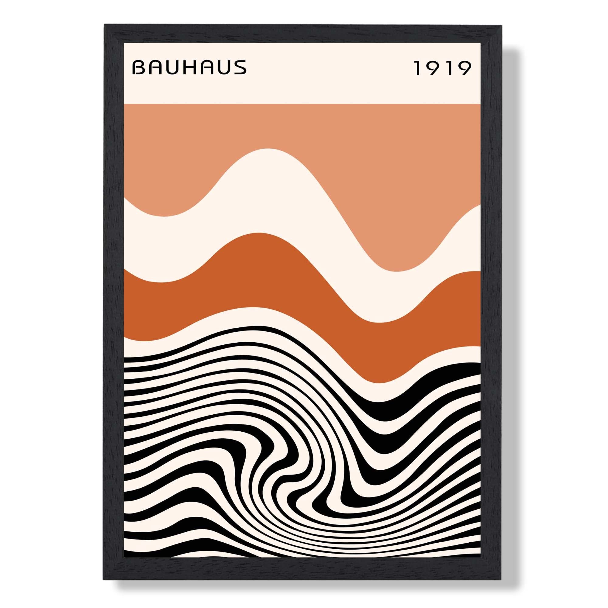 Bauhaus Waves in Orange and Black Art Print print in Black Wooden Frame