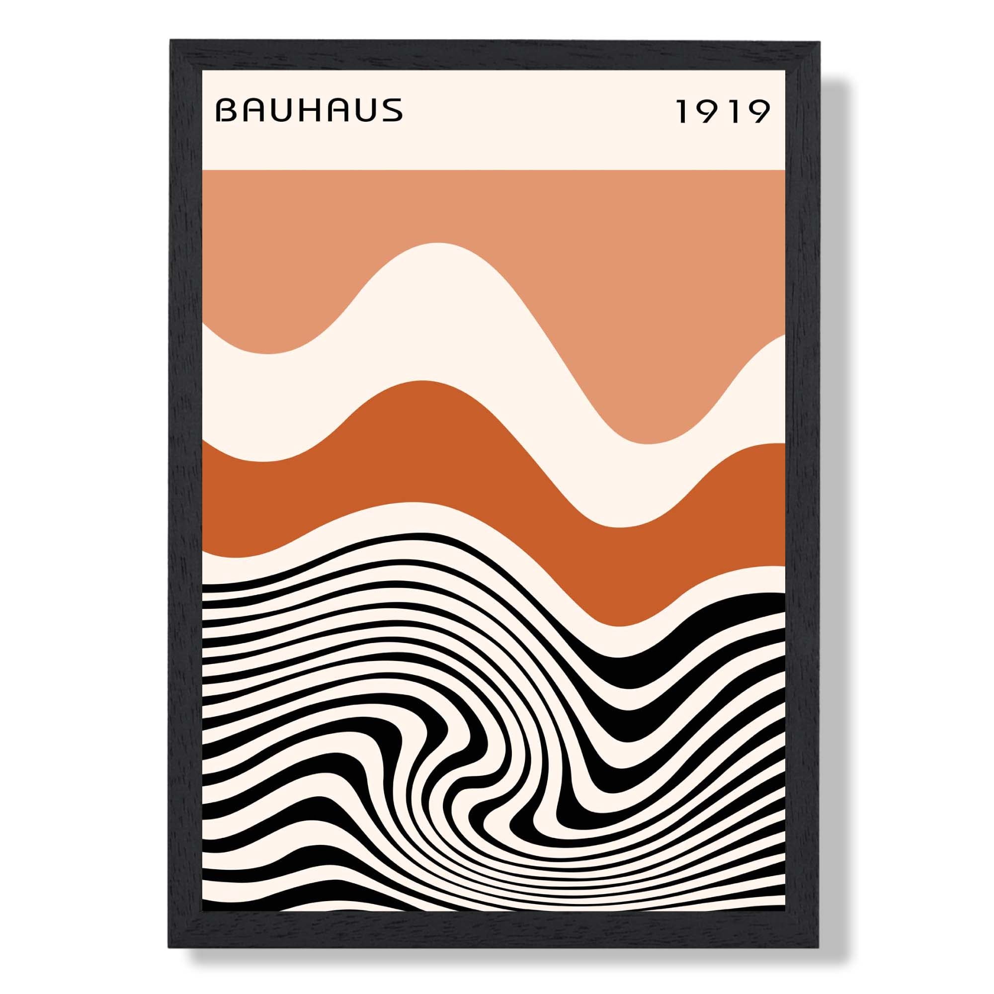 Bauhaus Waves in Orange and Black print in Black Wooden Frame