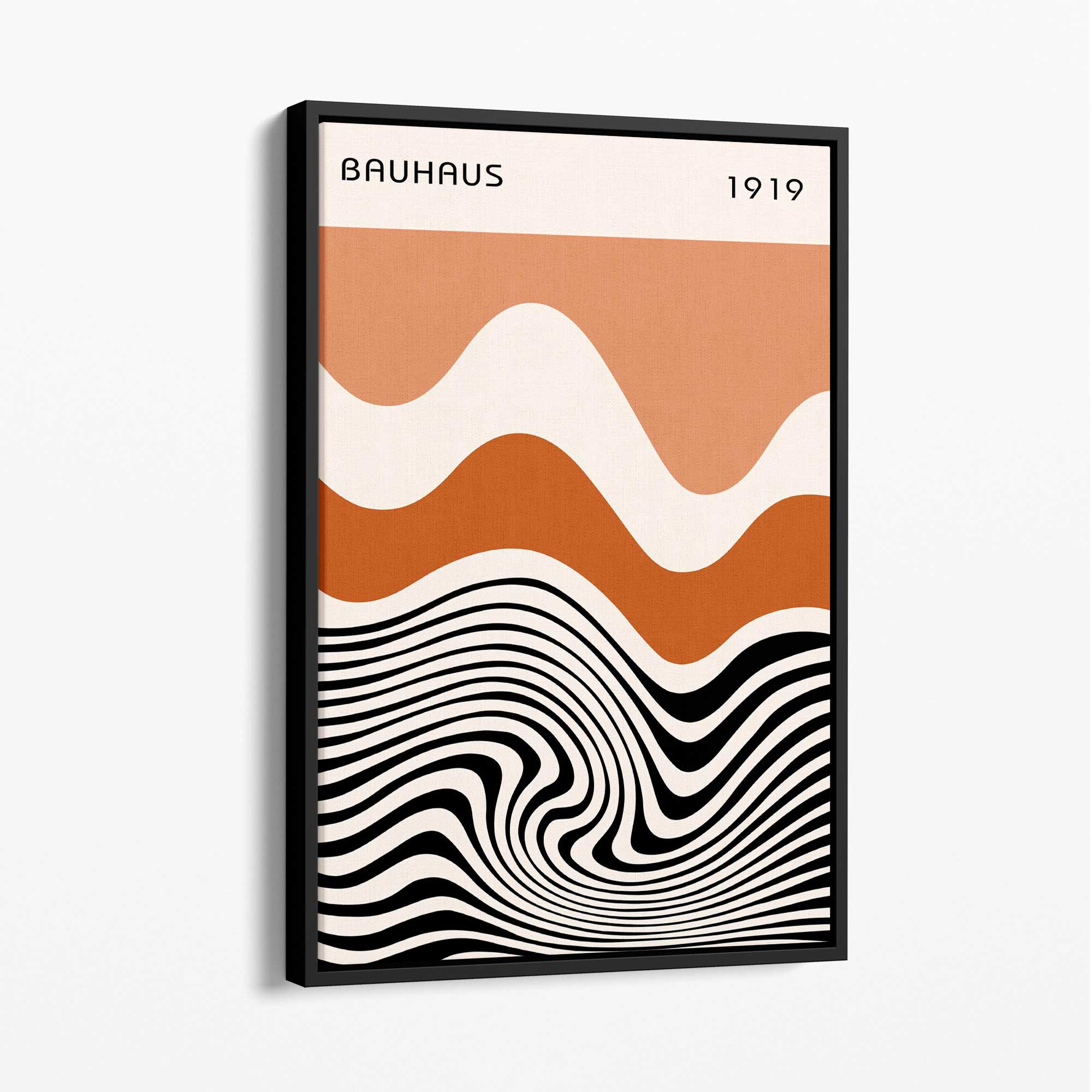 Bauhaus Waves in Orange and Black Canvas Art Print with Black Float Frame