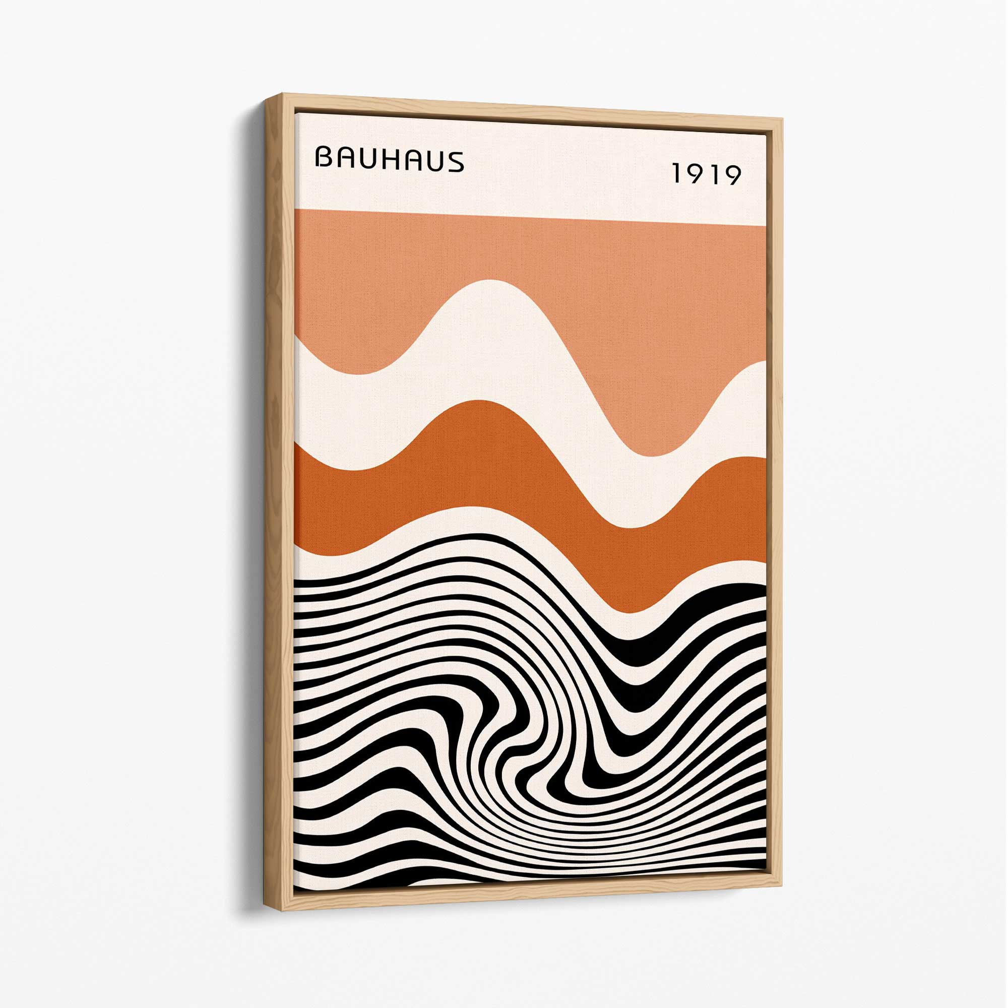 Bauhaus Waves in Orange and Black Canvas Art Print with Oak Float Frame