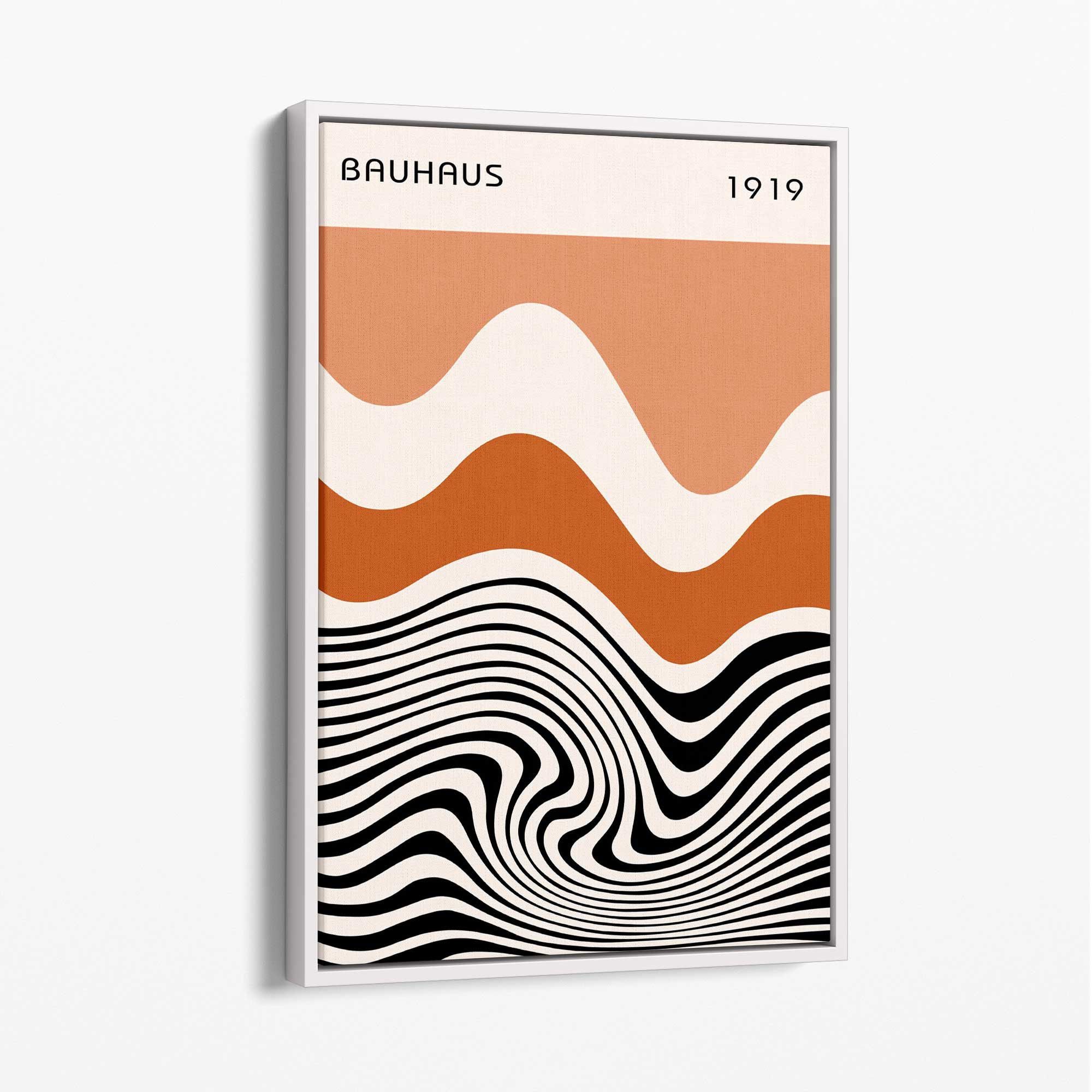 Bauhaus Waves in Orange and Black Canvas Art Print with White Float Frame