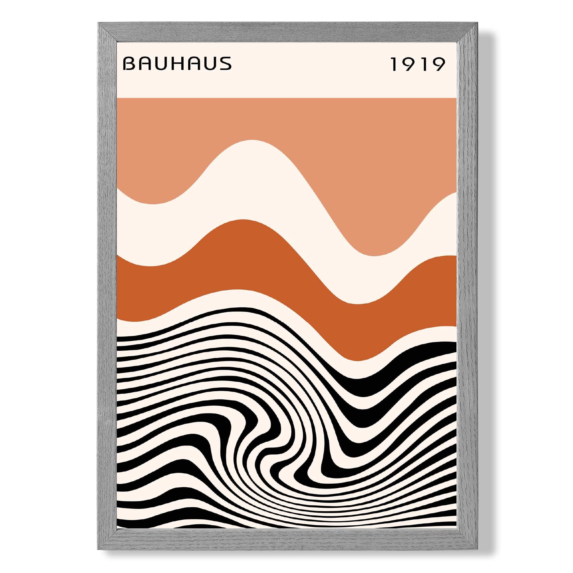 Bauhaus Waves in Orange and Black print in Light Grey Wooden Frame