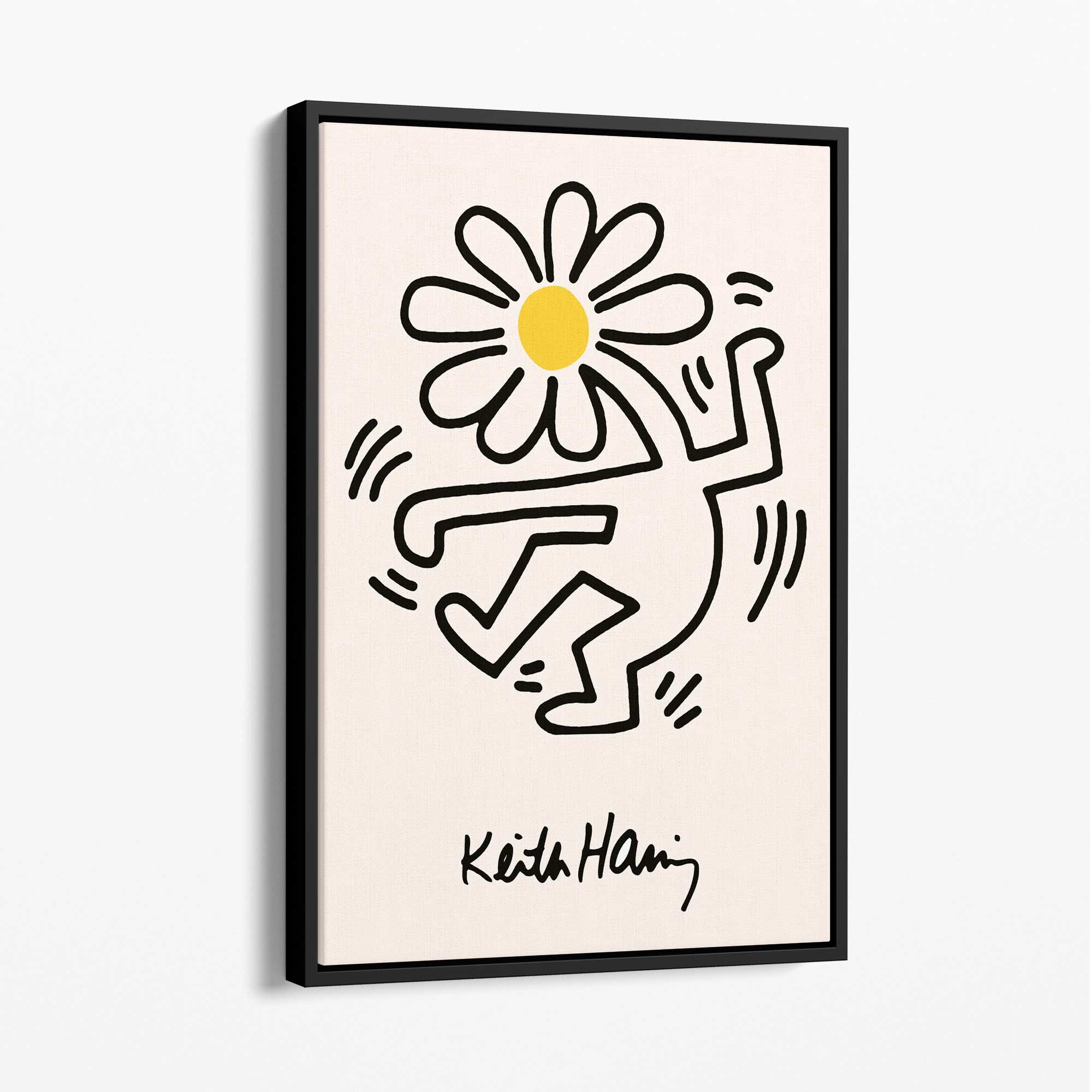 Keith Haring Dancing Flower Yellow Canvas Art Print with Black Float Frame