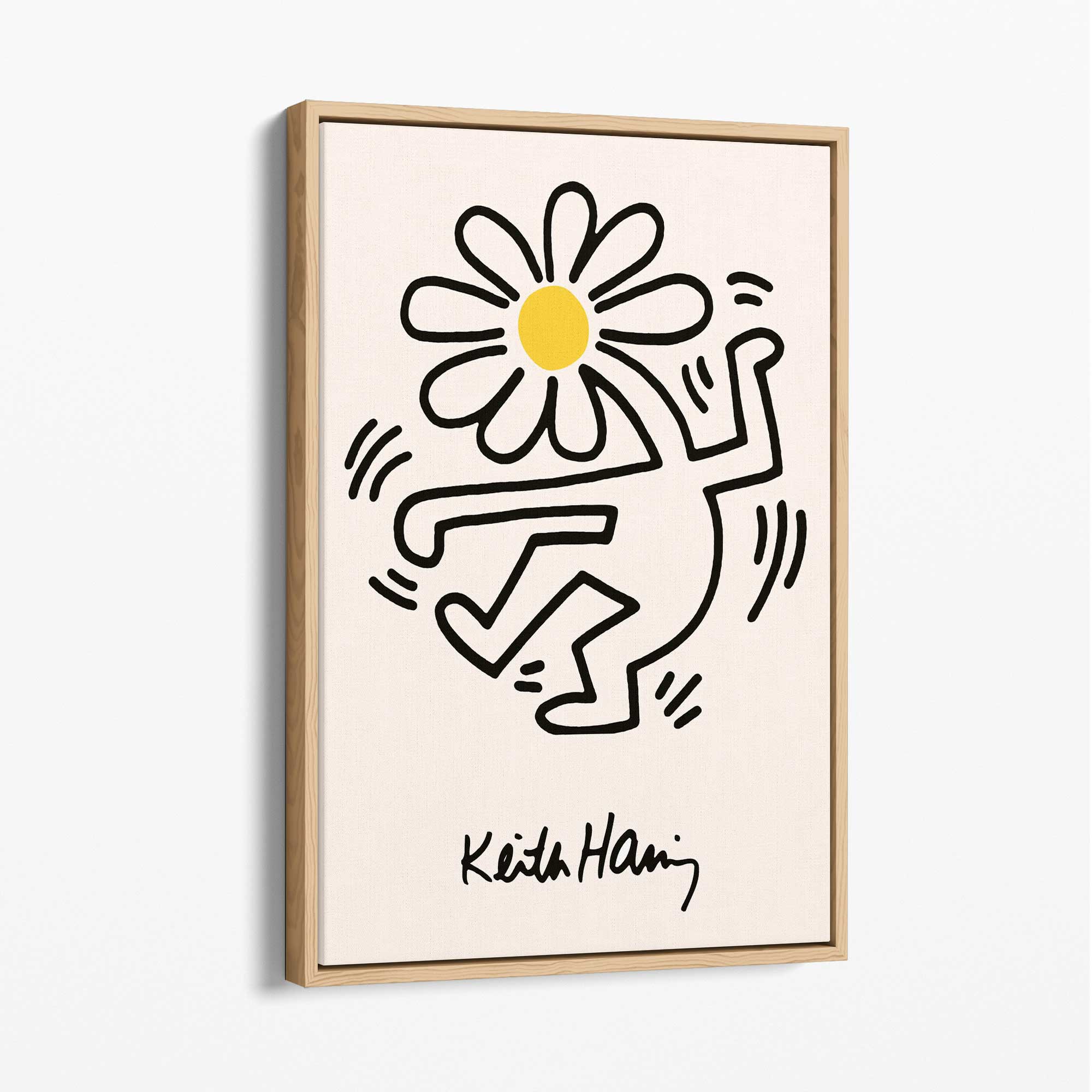 Keith Haring Dancing Flower Yellow Canvas Art Print with Oak Float Frame