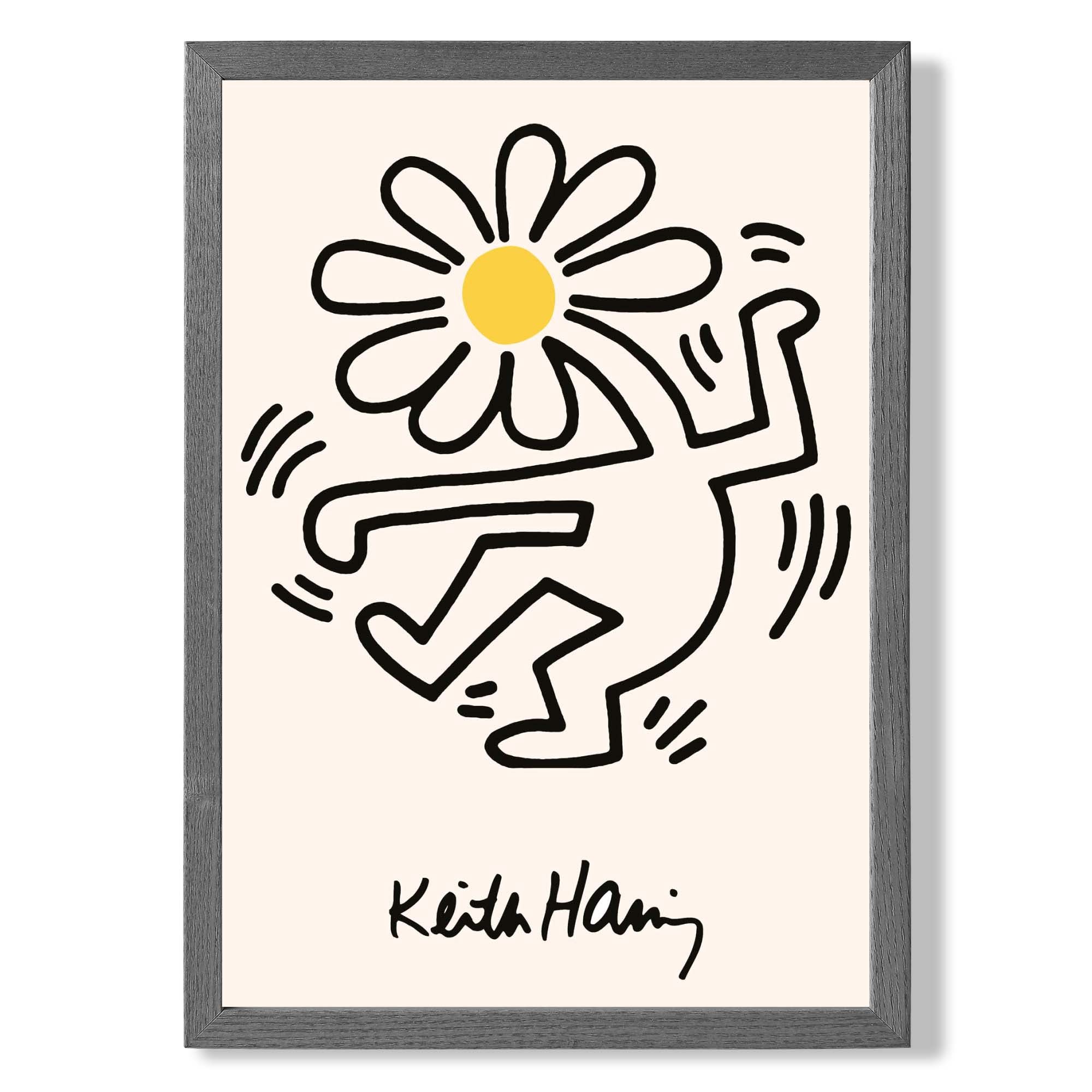 Keith Haring Dancing Flower Yellow print in Dark Grey Wooden Frame