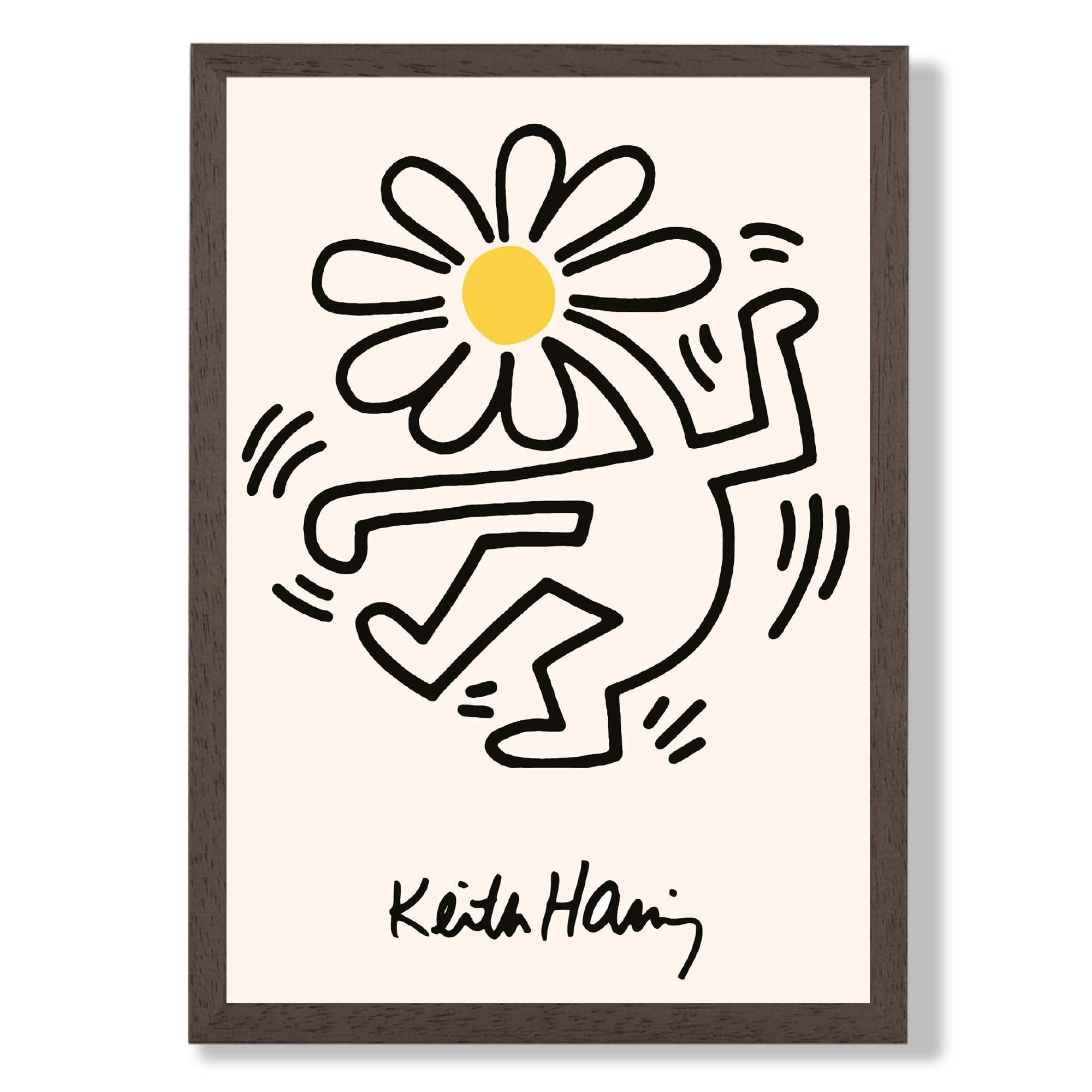 Keith Haring Dancing Flower Yellow print in Dark Wooden Frame