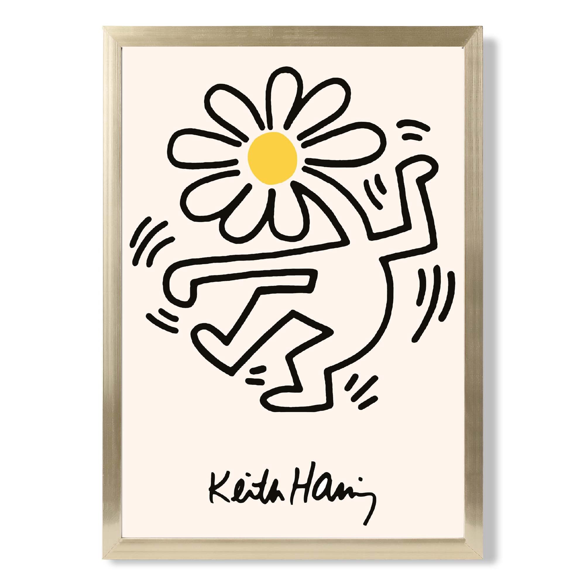 Keith Haring Dancing Flower Yellow print in Gold Wooden Frame