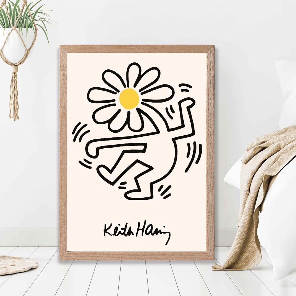 Keith Haring Dancing Flower Yellow print in Light Oak Frame