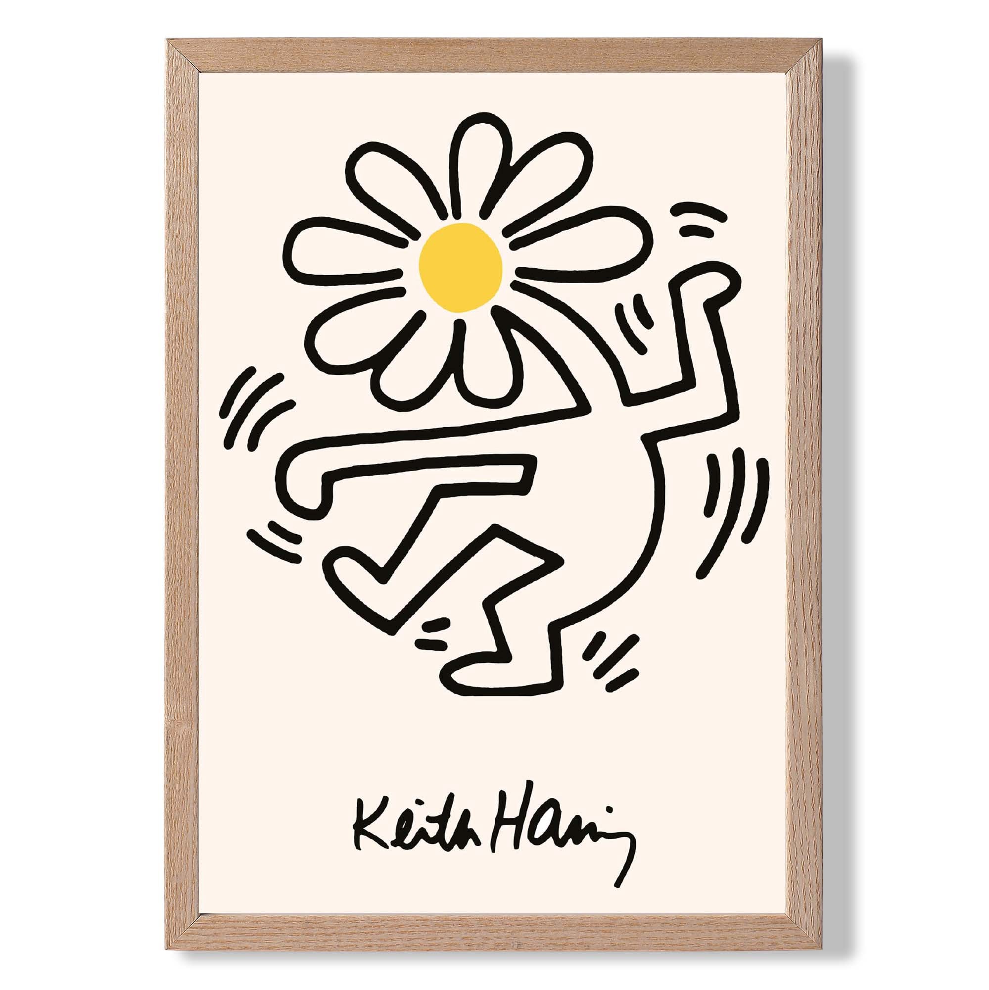 Keith Haring Dancing Flower Yellow print in Light Oak Wooden Frame