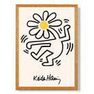 Keith Haring Dancing Flower Yellow print in Oak Wooden Frame