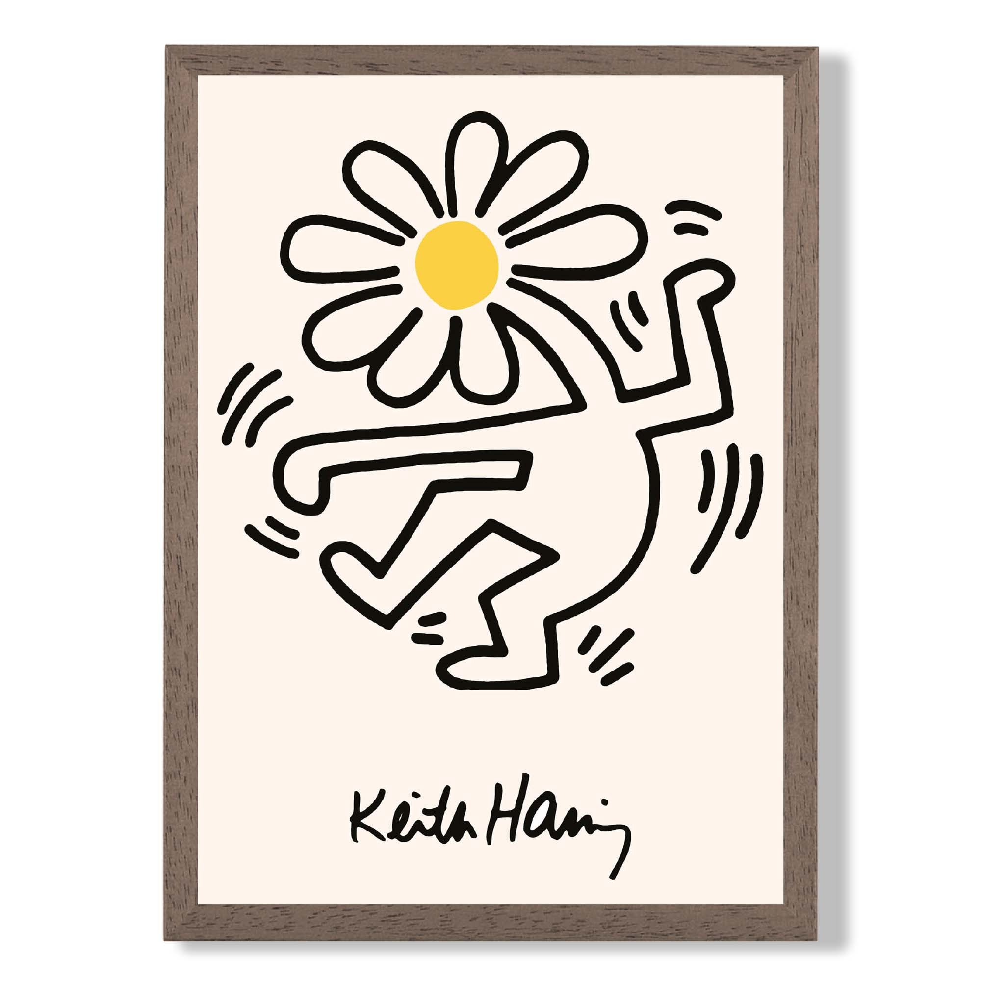 Keith Haring Dancing Flower Yellow print in Walnut Wooden Frame