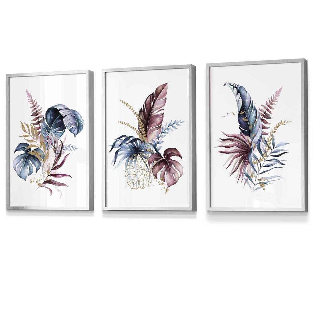 Botanical Set of 3 Pink and Blue Floral Wall Art Framed Prints | Artze Wall Art UK