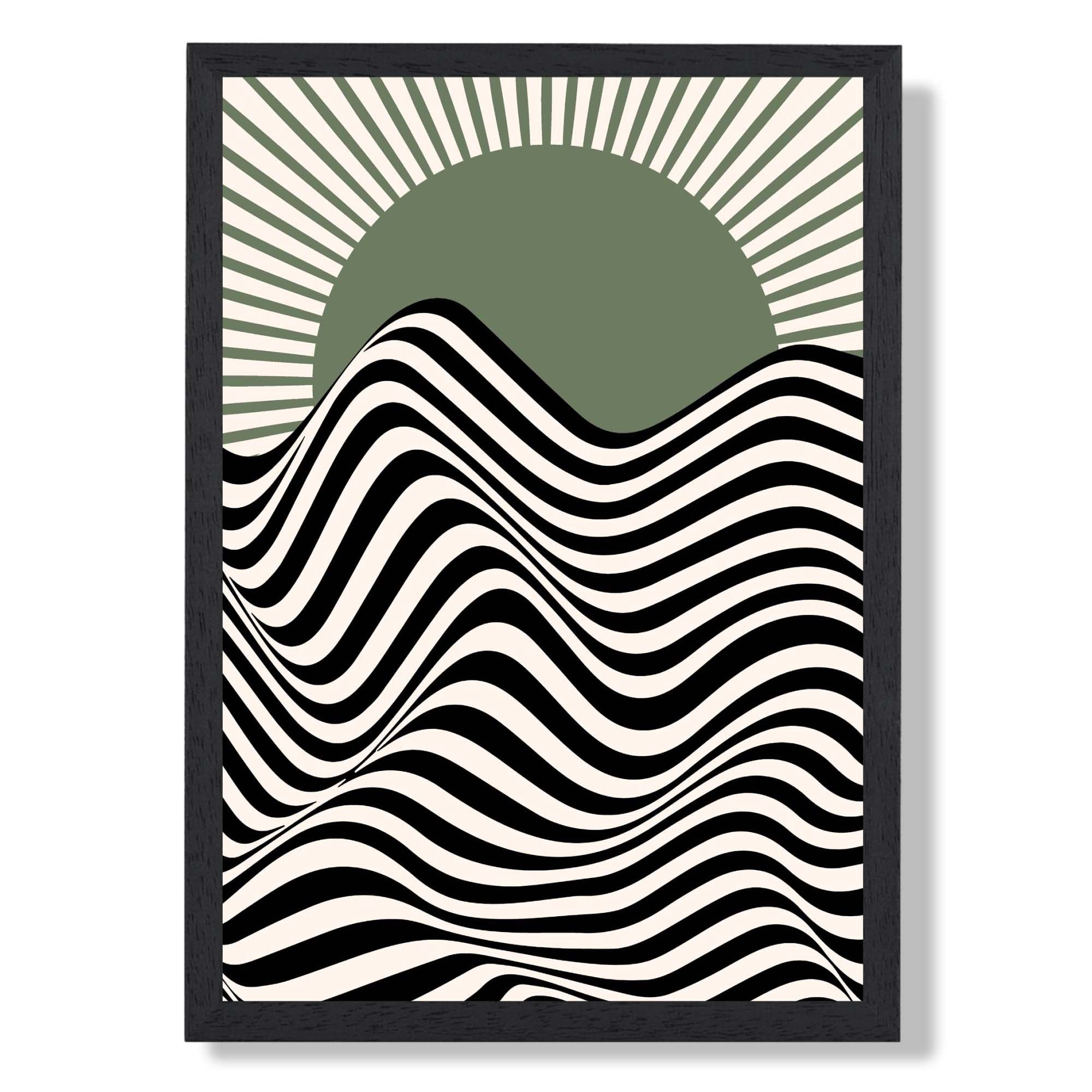 Bauhaus Sun Burst Waves in Green Art Print print in Black Wooden Frame