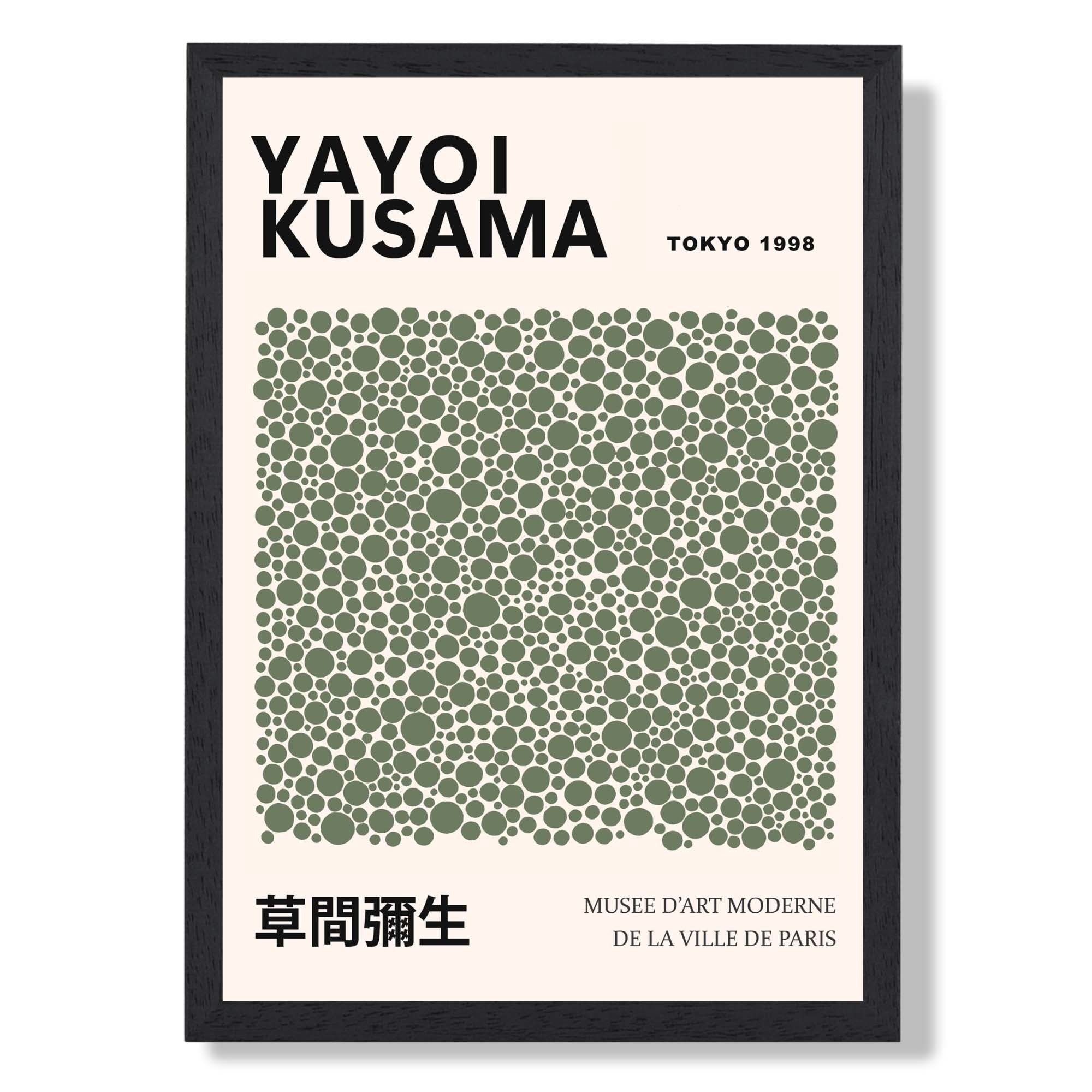 Yayoi Kusama Infinity Bubbles in Sage Green Art Print print in Black Wooden Frame