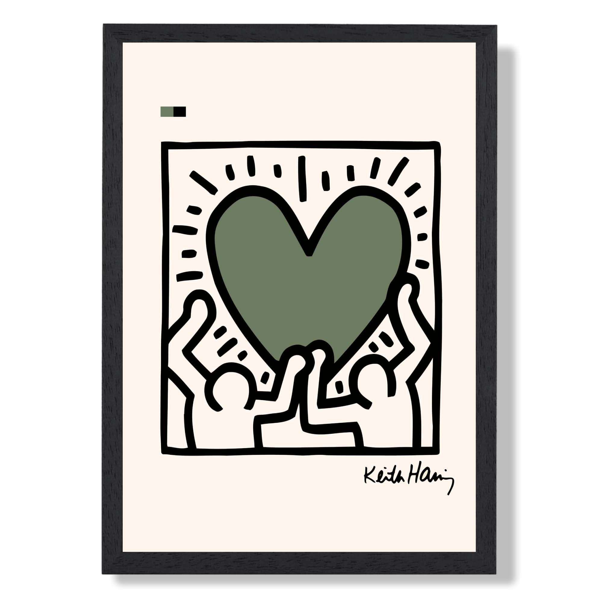 Keith Haring Heart in Green Art Print print in Black Wooden Frame