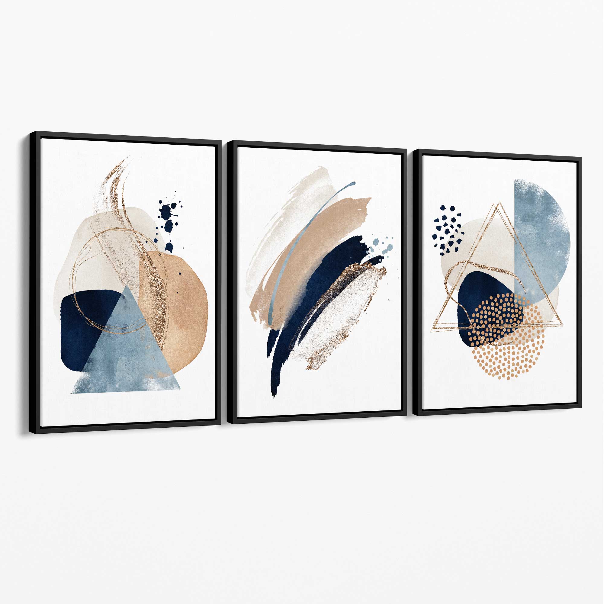 Set of 3 Abstract Beige Blue and Gold Canvas Art Prints with Black Float Frame