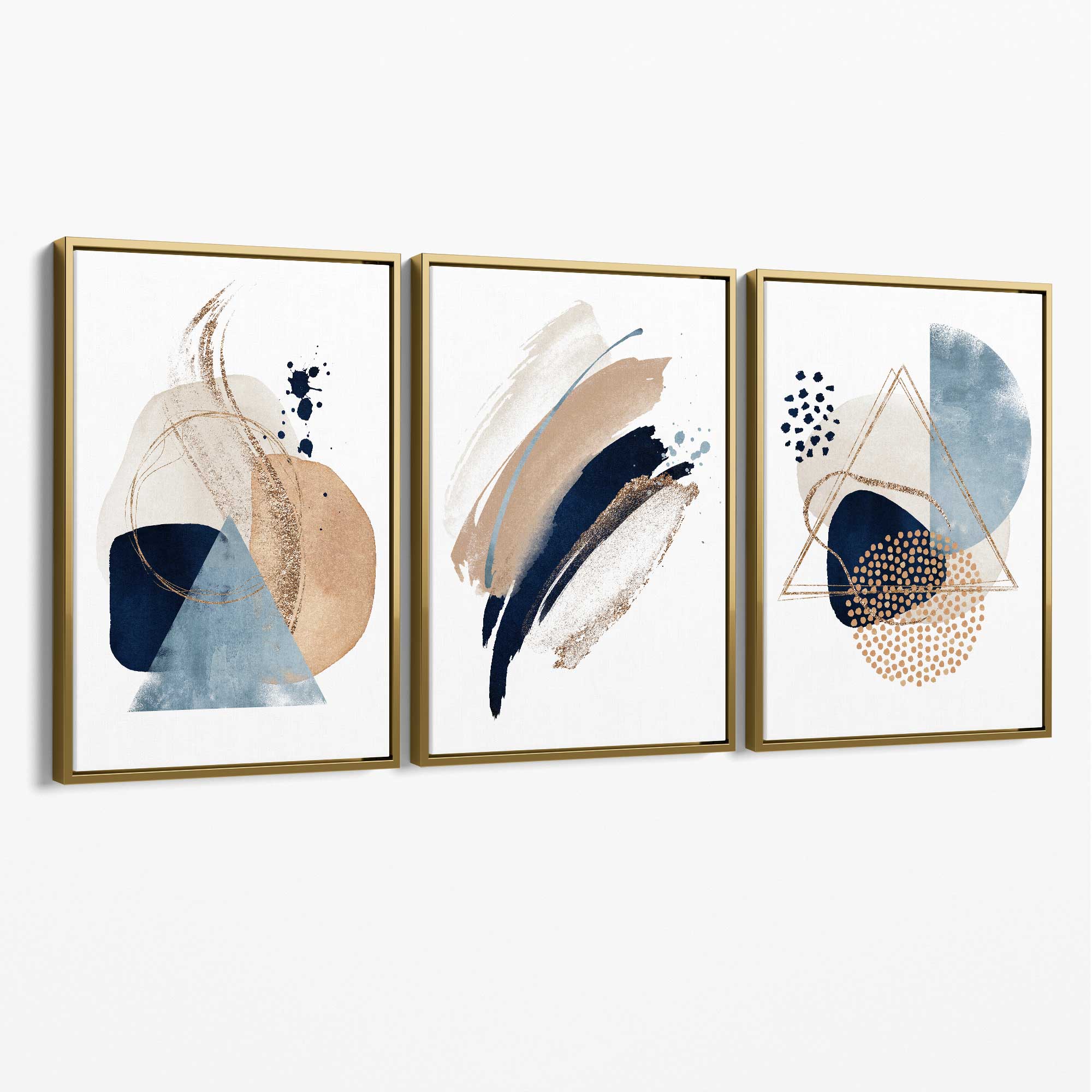 Set of 3 Abstract Beige Blue and Gold Canvas Art Prints with Gold Float Frame