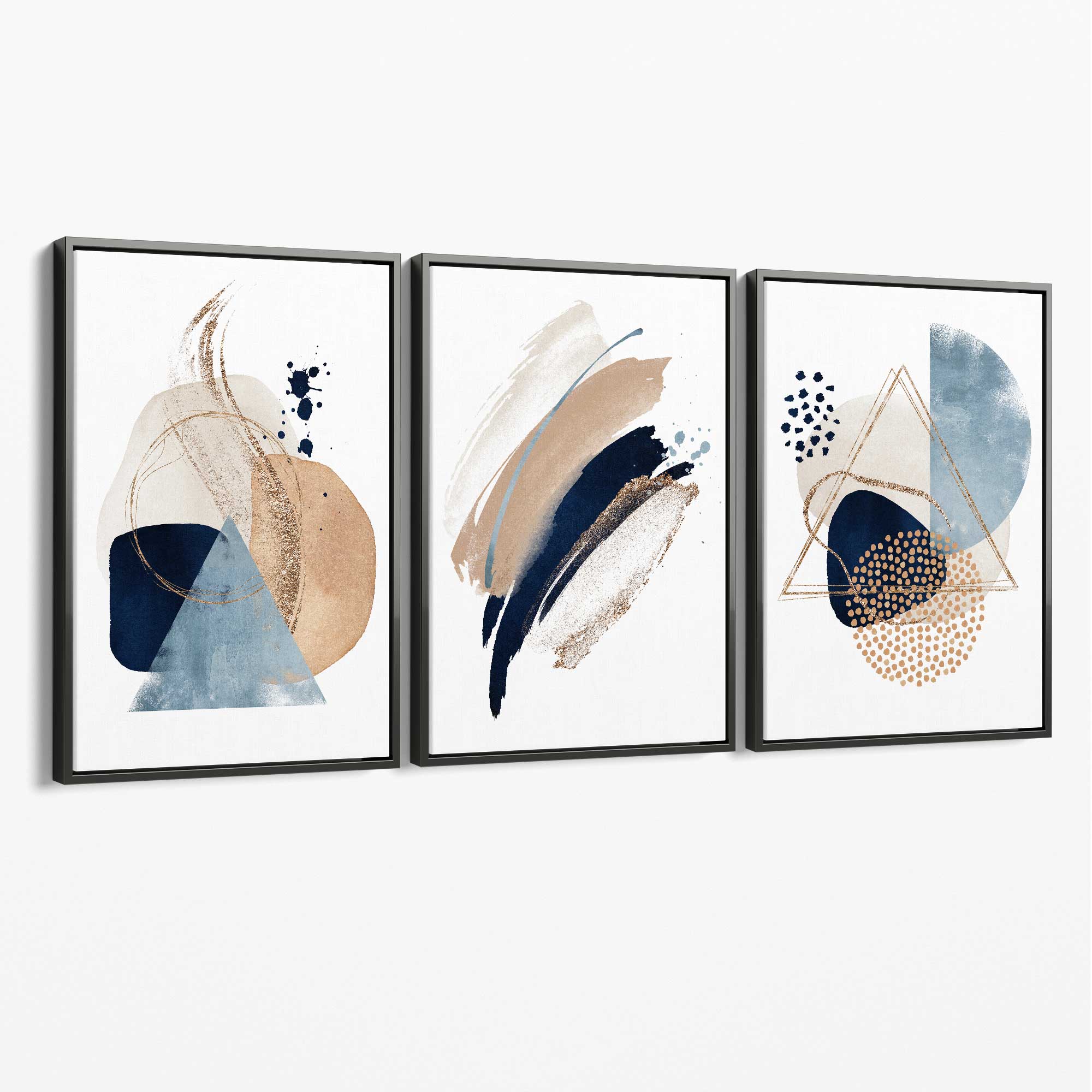 Set of 3 Abstract Beige Blue and Gold Canvas Art Prints with Grey Float Frame