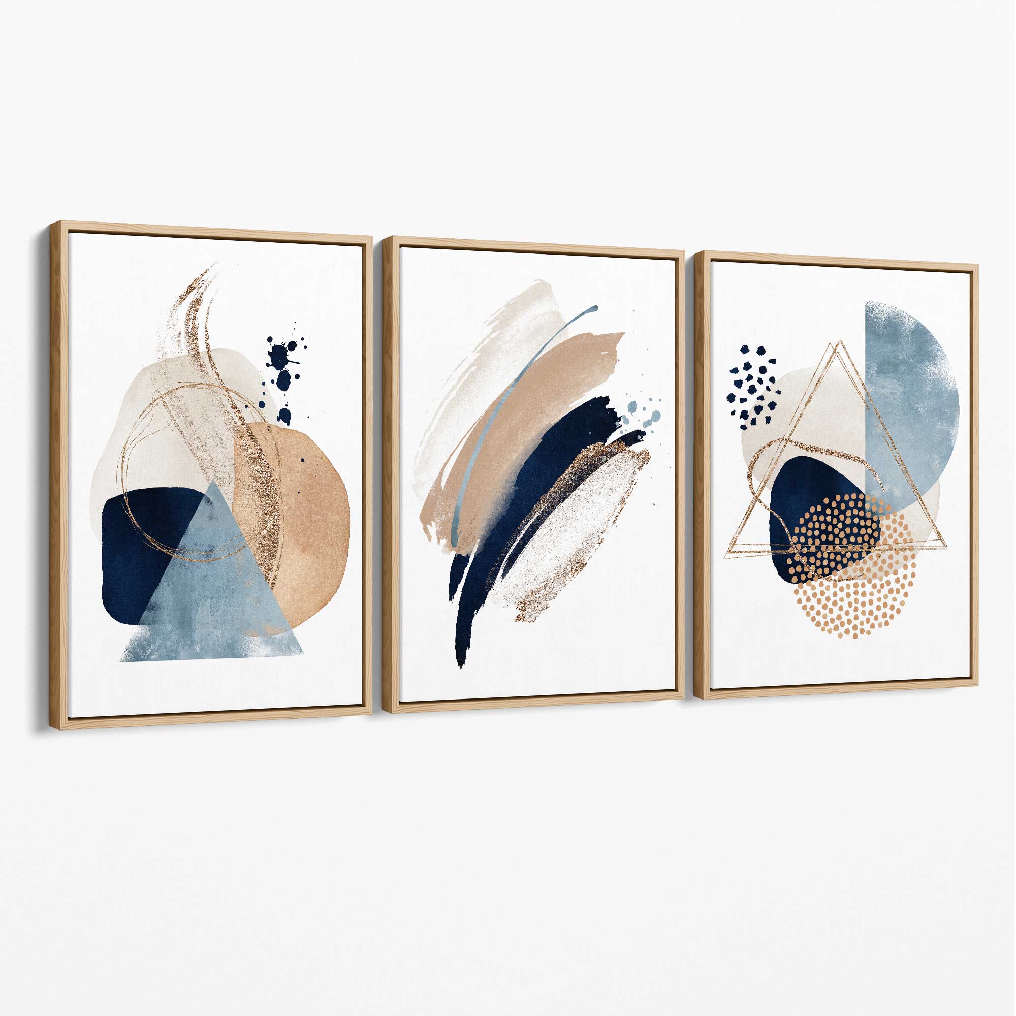 Set of 3 Abstract Beige Blue and Gold Canvas Art Prints with Oak Float Frame