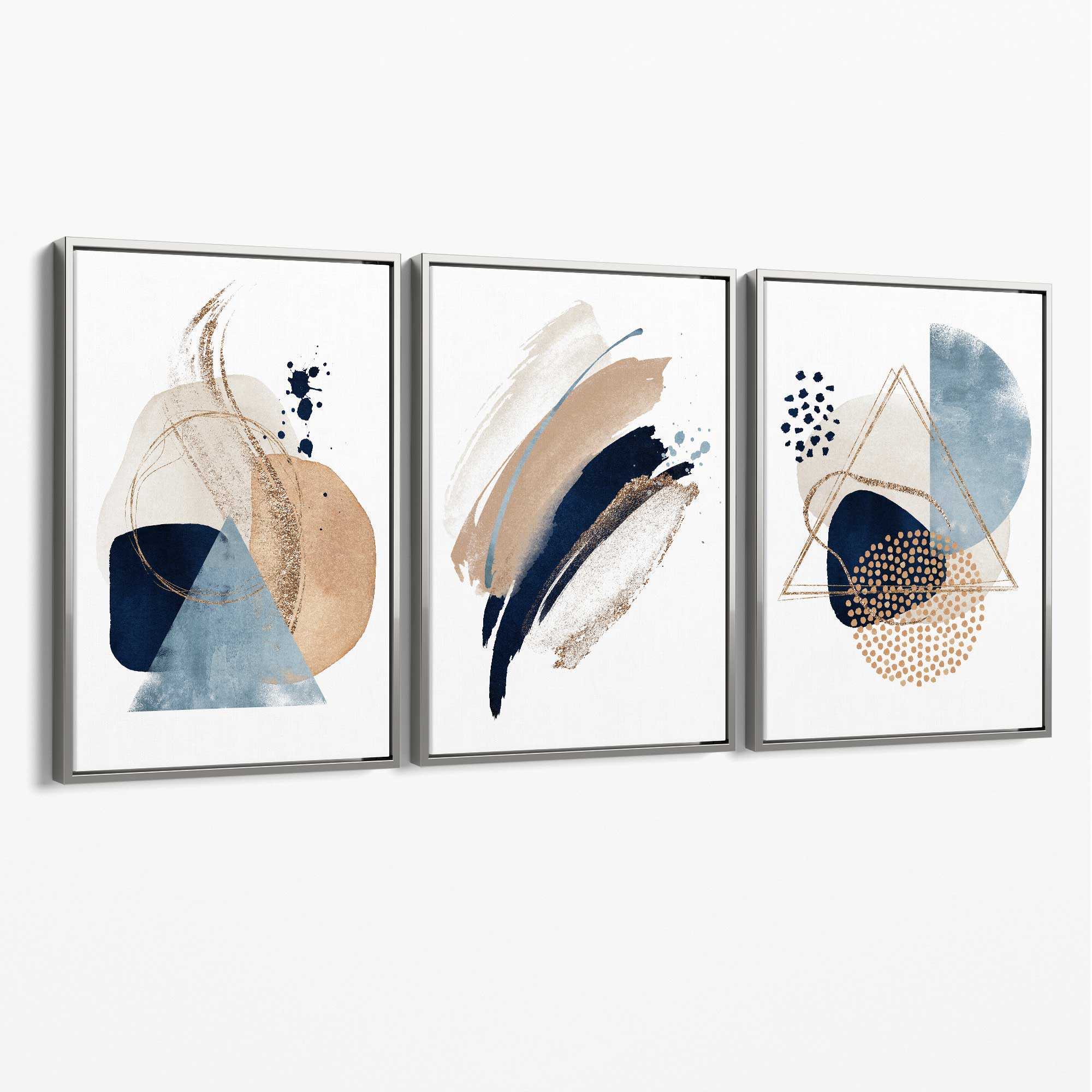 Set of 3 Abstract Beige Blue and Gold Canvas Art Prints with Silver Float Frame