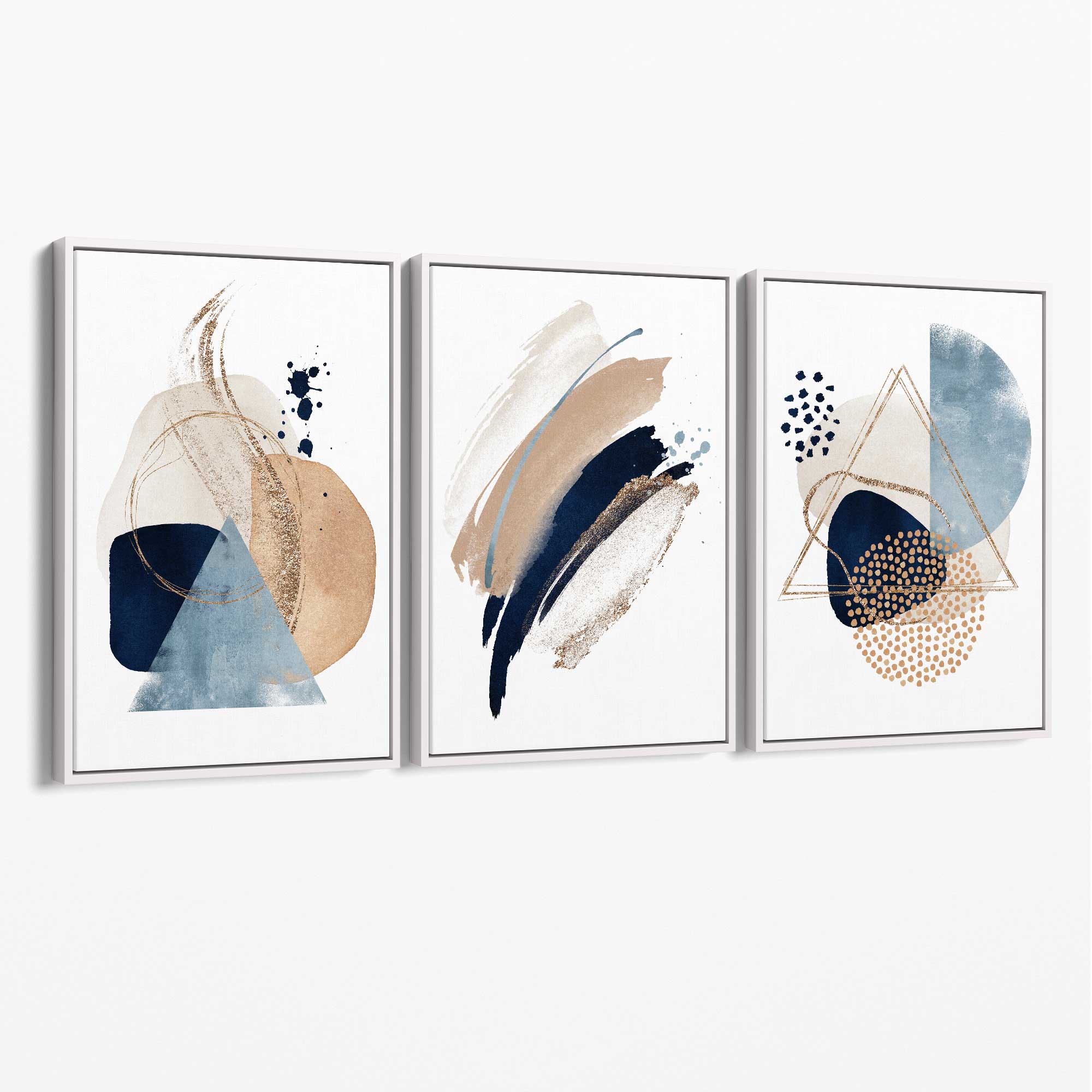 Set of 3 Abstract Beige Blue and Gold Canvas Art Prints with White Float Frame