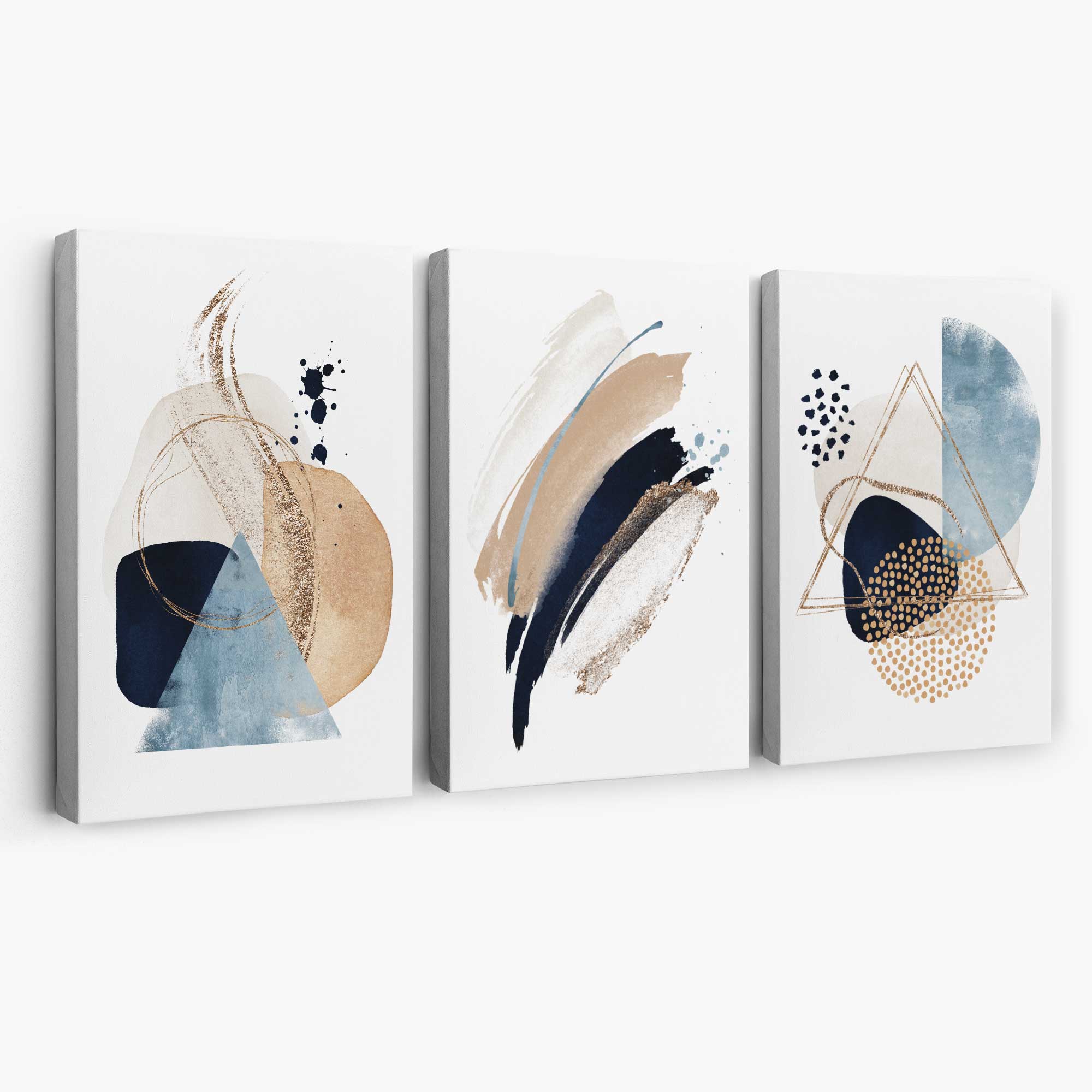 Set of 3 Abstract Beige Blue and Gold Canvas Art Prints | Artze Wall Art