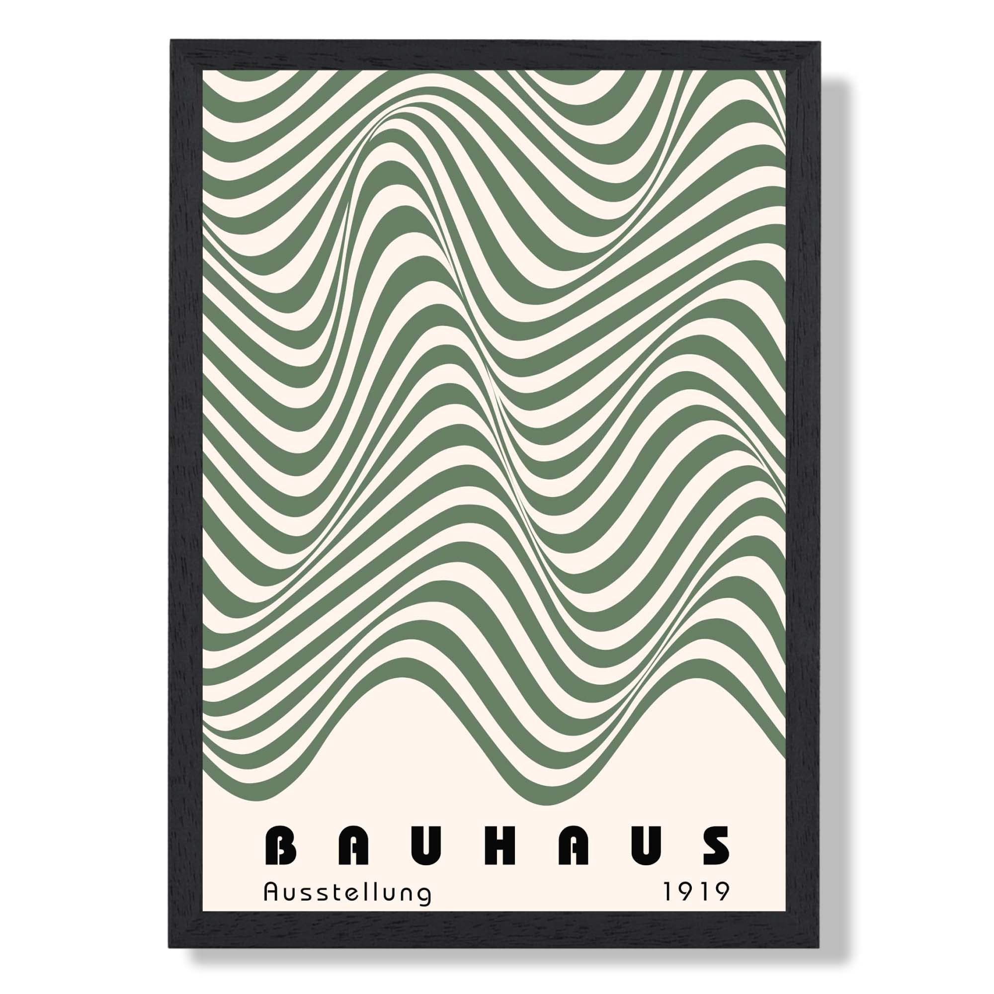 Bauhaus Waves in Green Art Print print in Black Wooden Frame