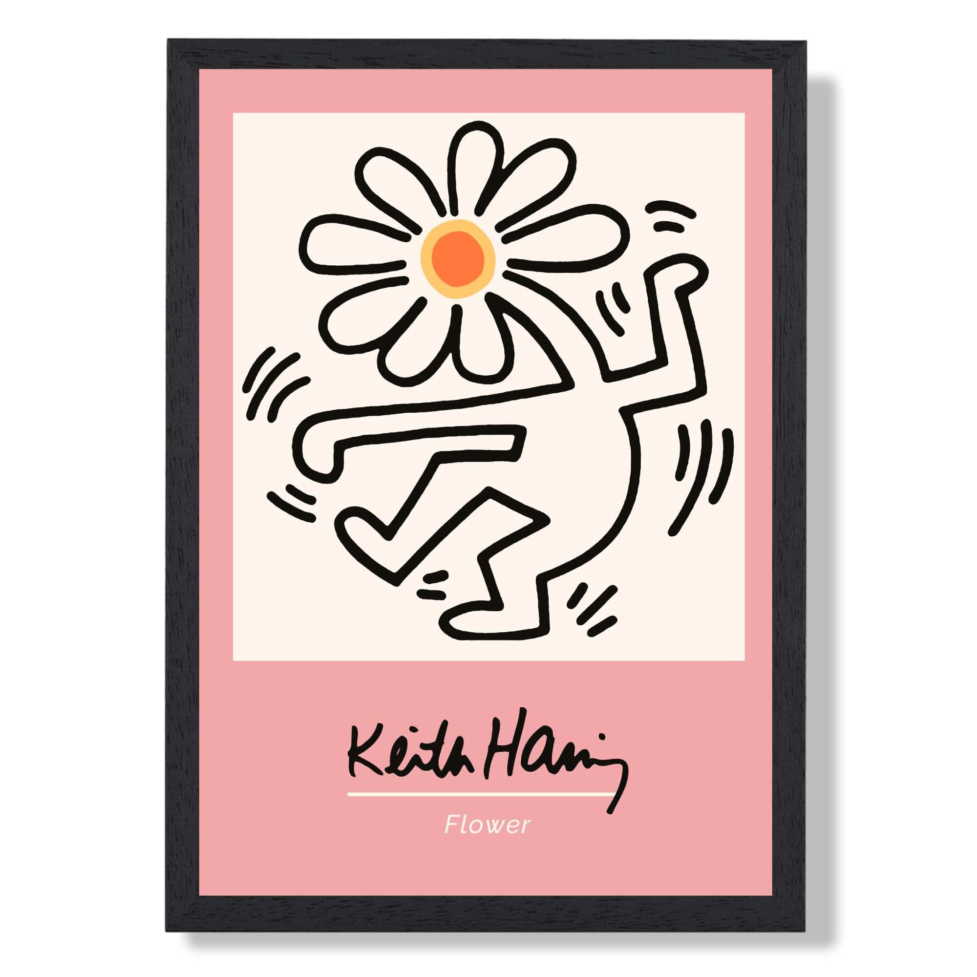 Keith Haring Pink Dancing Flower Art Print print in Black Wooden Frame