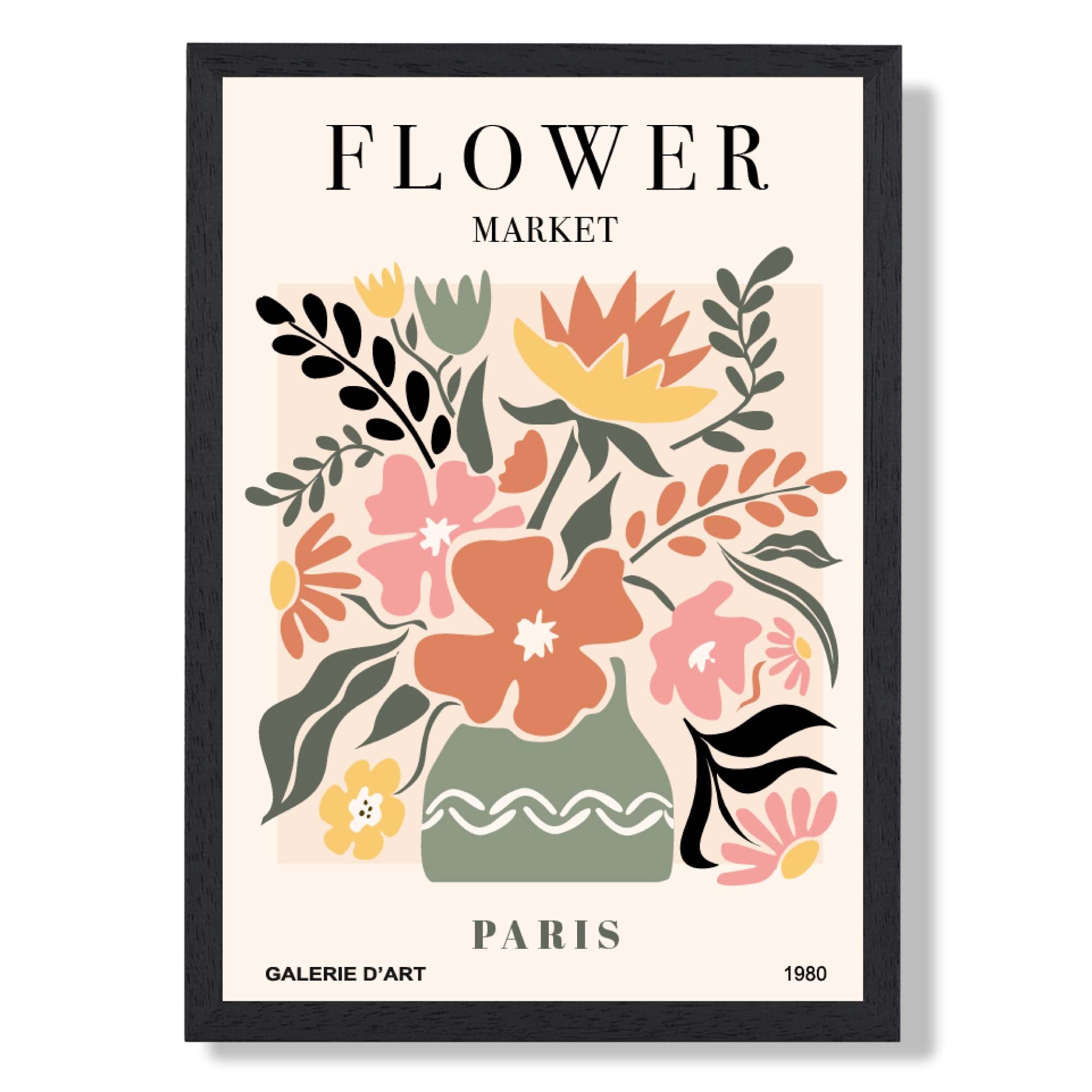 Paris Flower Market in Pink and Green Art Print print in Black Wooden Frame