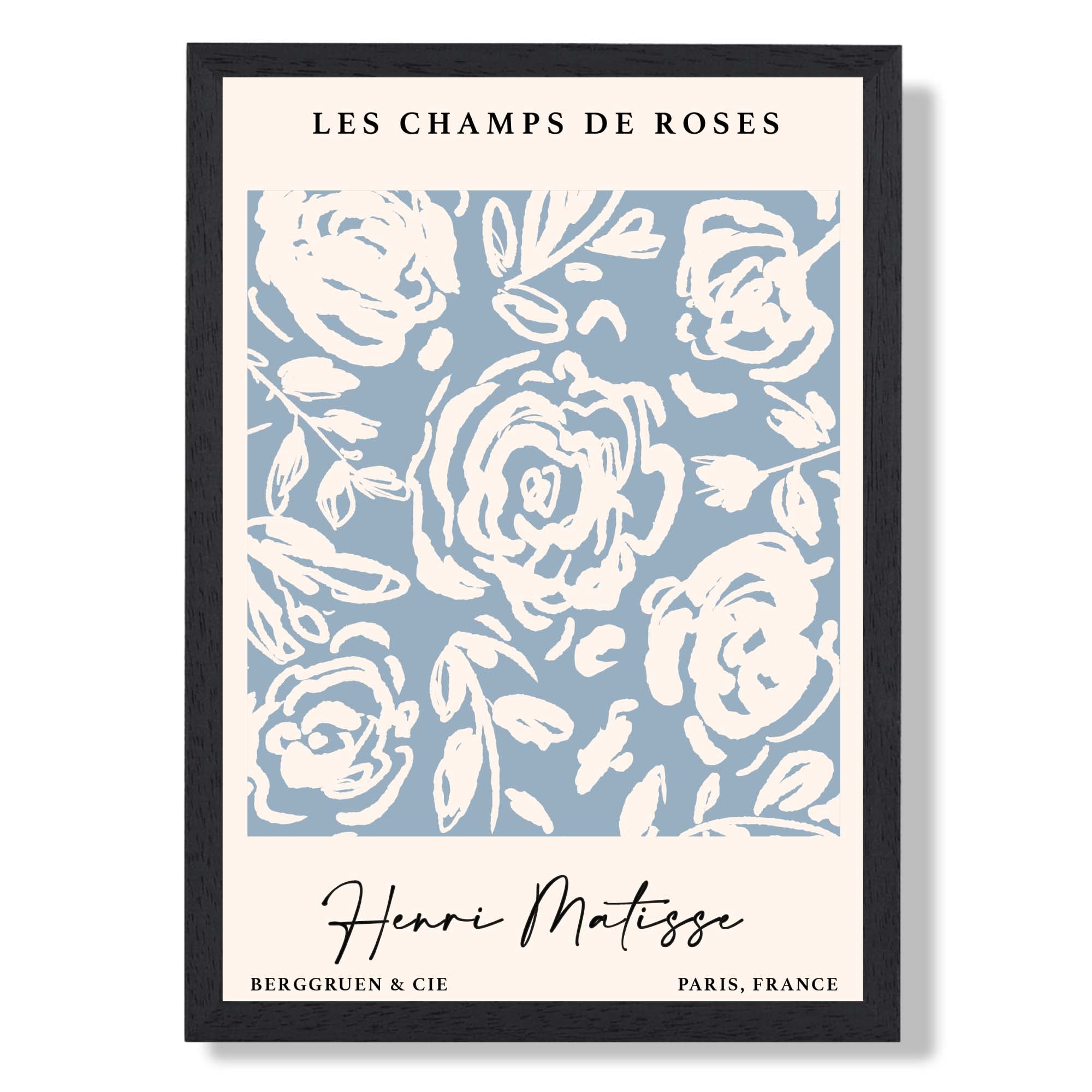 Matisse Floral Roses in Light Blue Art Print print in Black Wooden Frame
