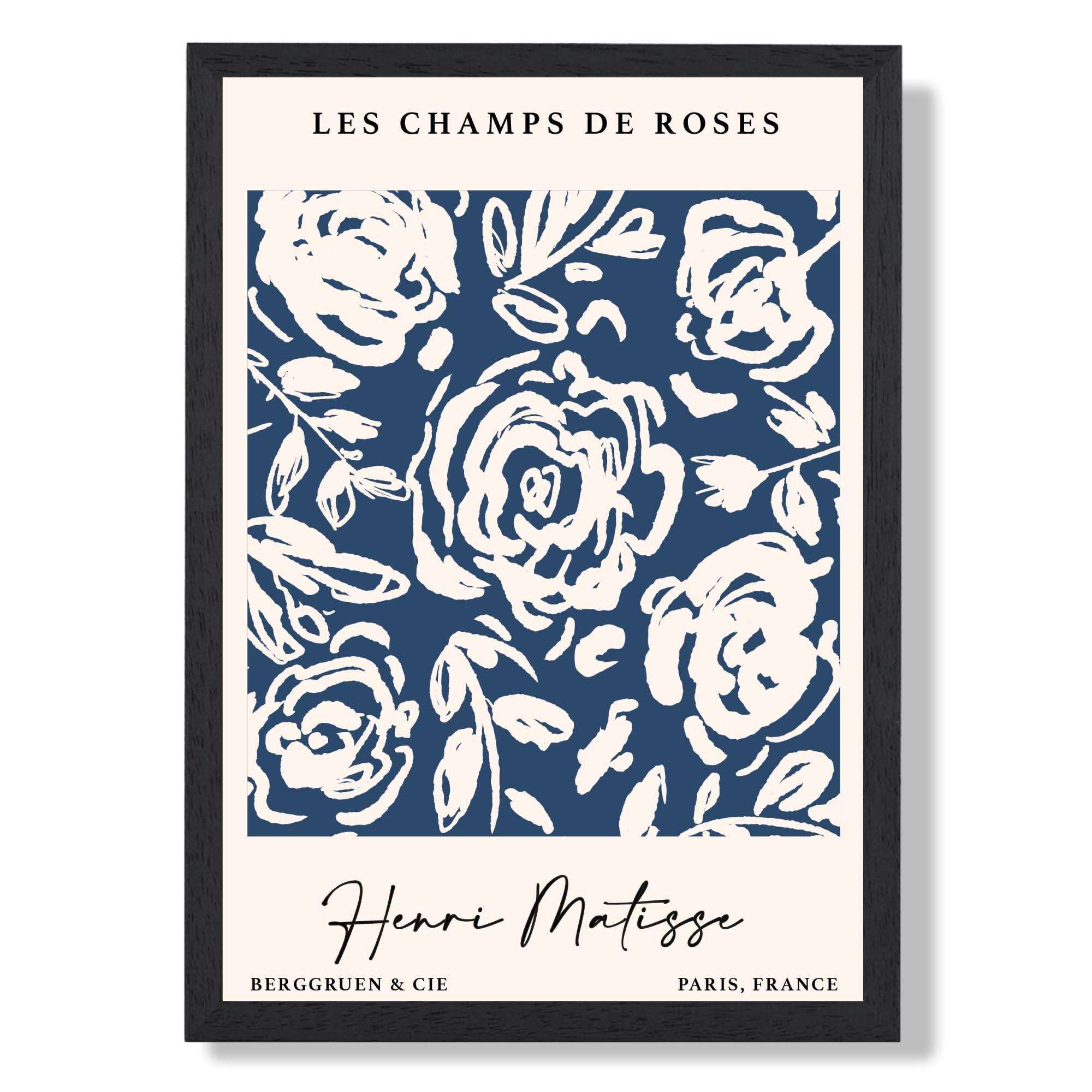 Matisse Floral Roses in Navy Blue Art Print print in Black Wooden Frame