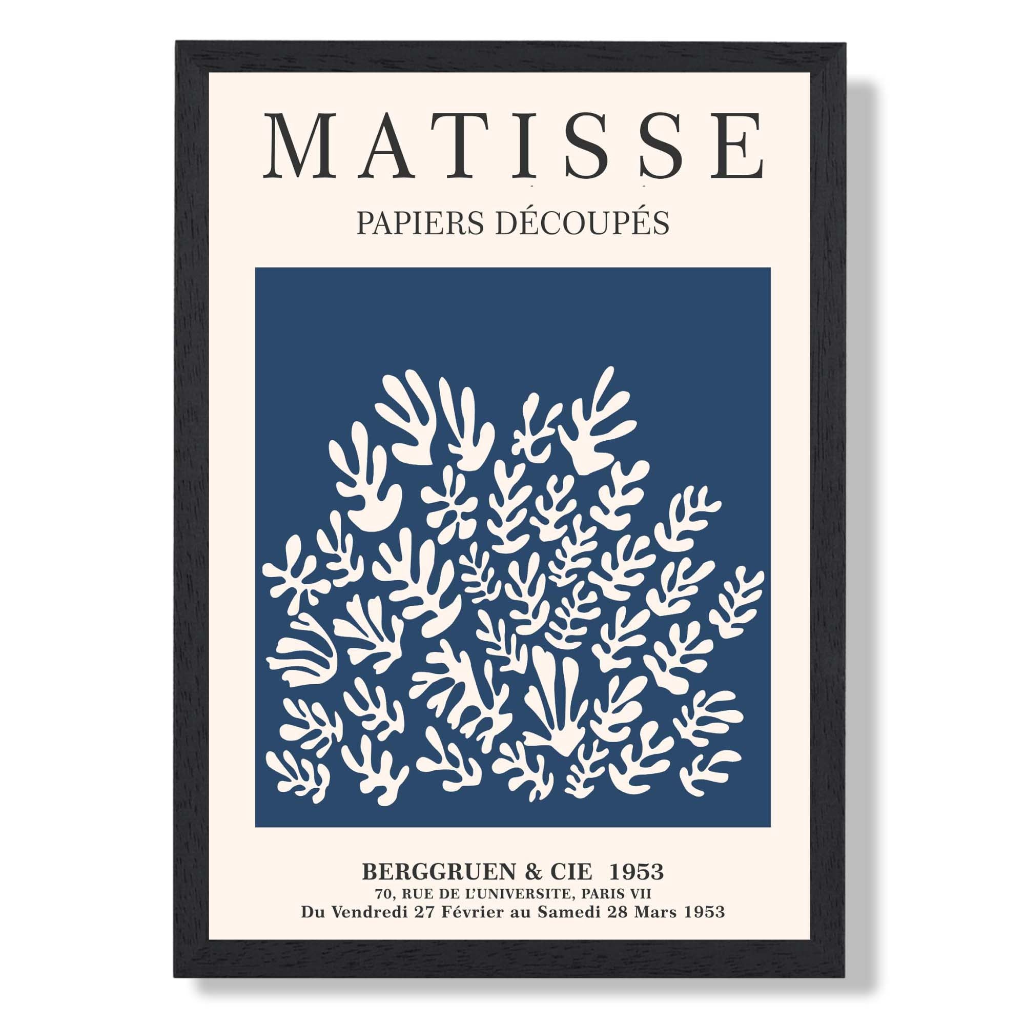 Matisse Floral Cut Outs in Navy Blue Art Print print in Black Wooden Frame