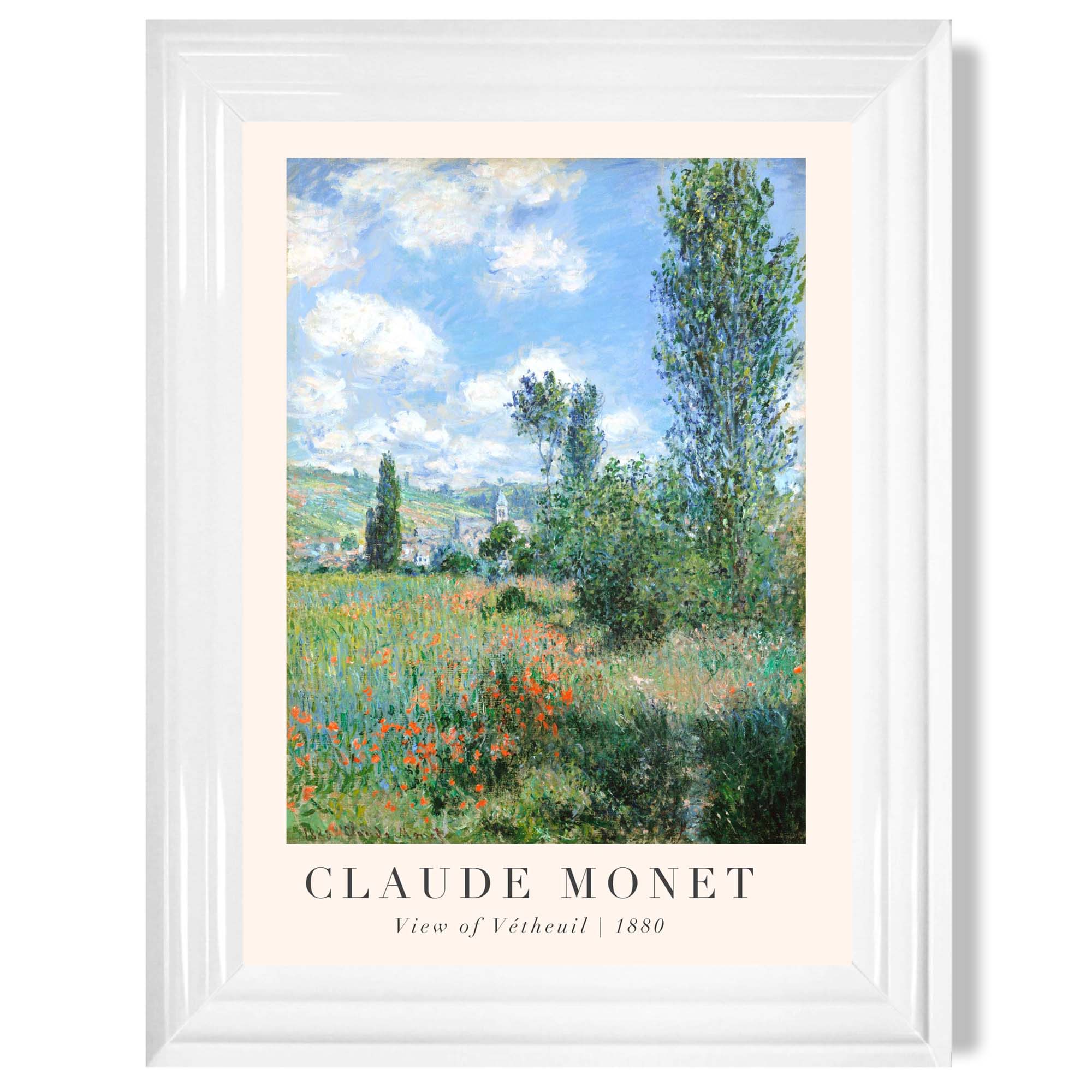 Claude Monet View of Vetheuil print in White Glossy Frame