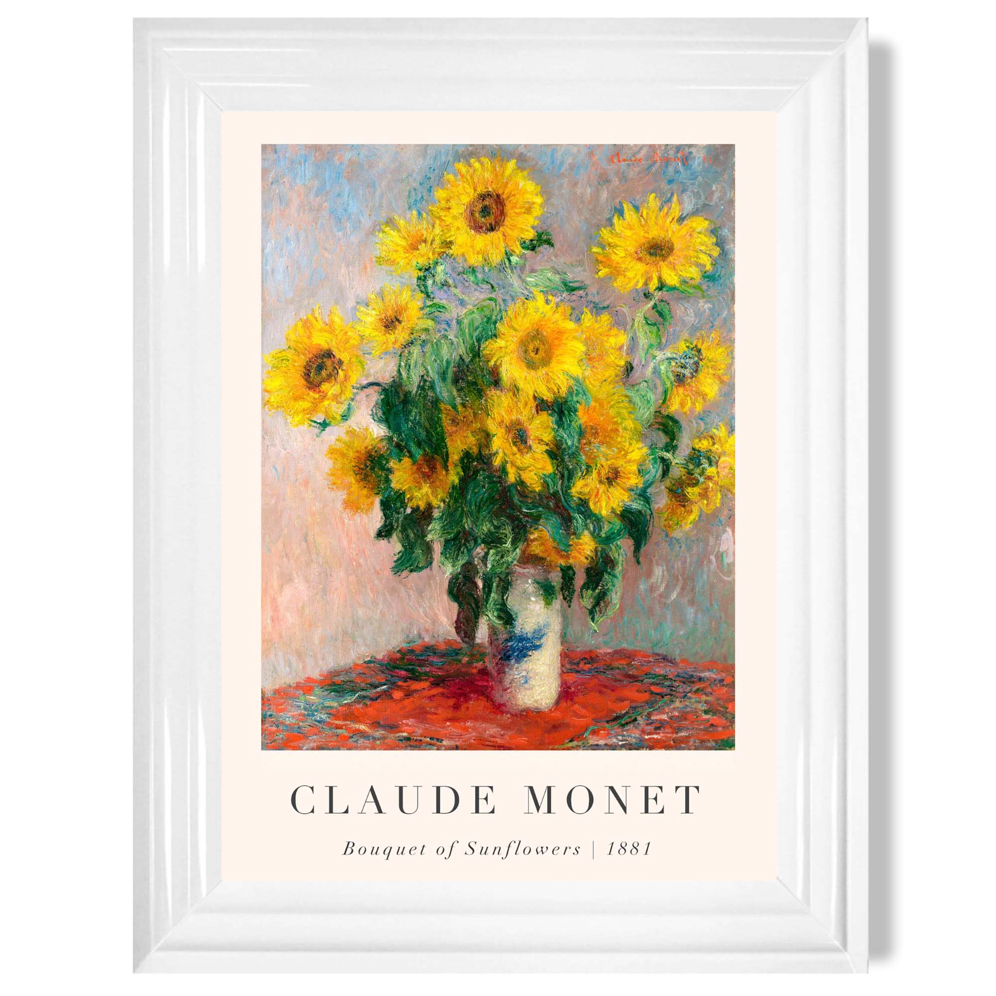 Claude Monet Bouquet of Sunflowers print in White Glossy Frame