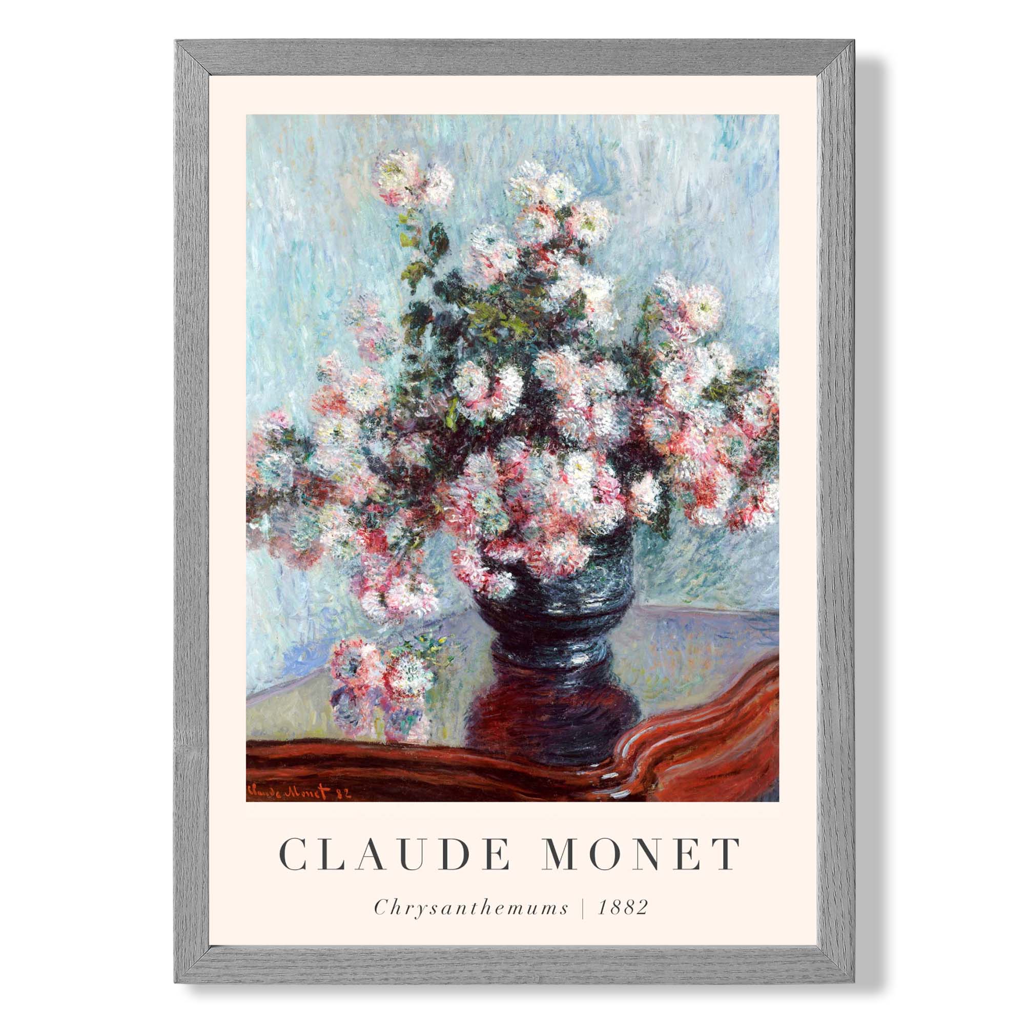 Claude Monet Crysanthemums print in Light Grey Wooden Frame