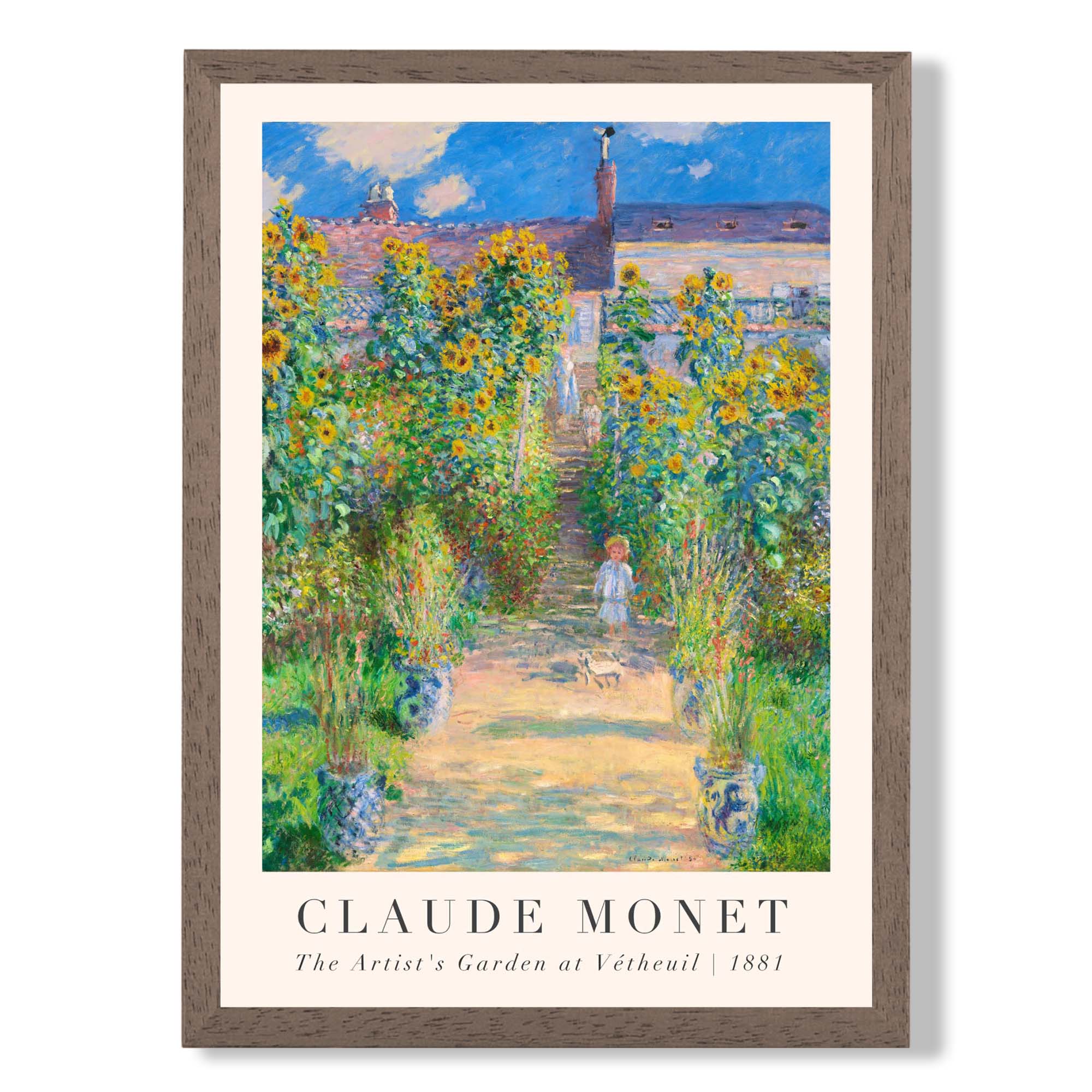 Claude Monet The Artist's Garden at Vetheuil print in Walnut Wooden Frame