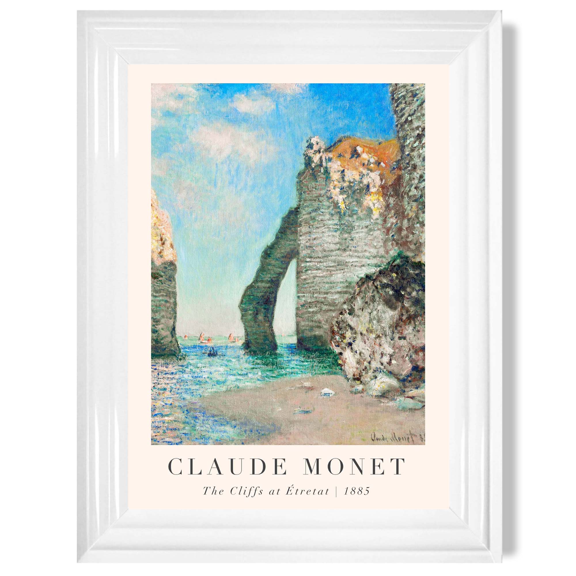 Claude Monet The Cliffs at Etretat print in White Glossy Frame
