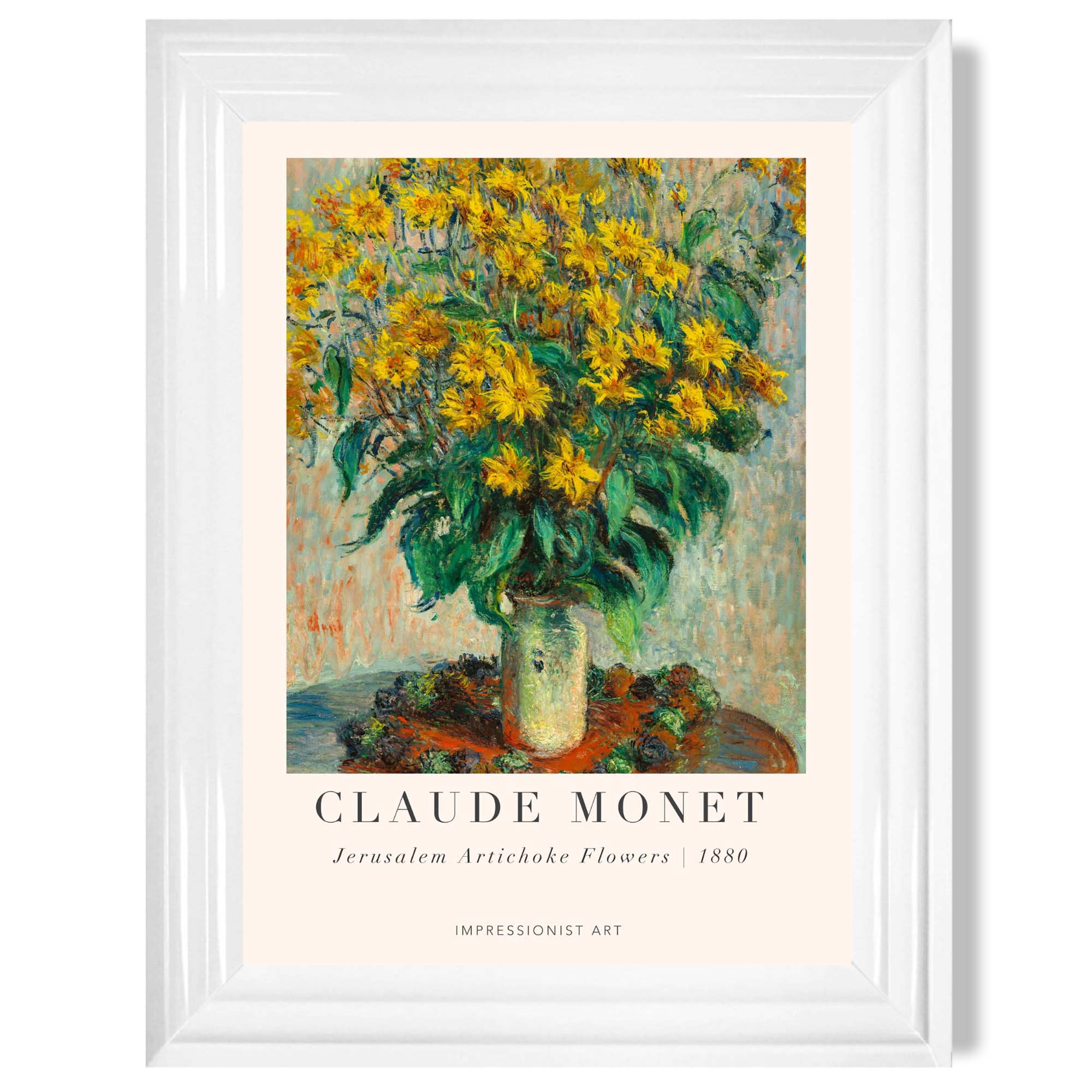 Claude Monet Jerusalem Artichoke Flowers print in White Glossy Frame