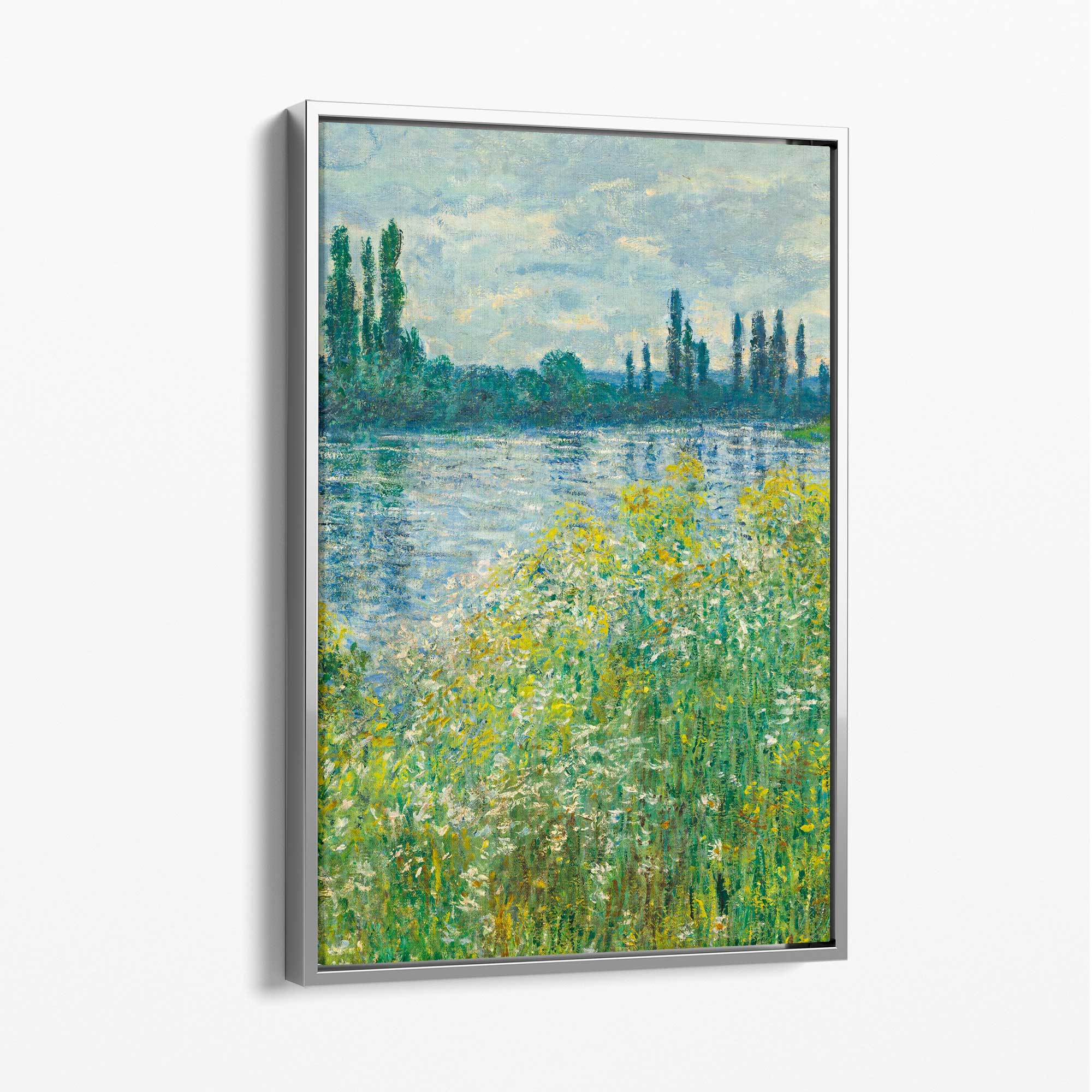Claude Monet Banks of the Seine Vetheuil Canvas Art Print with Silver Float Frame