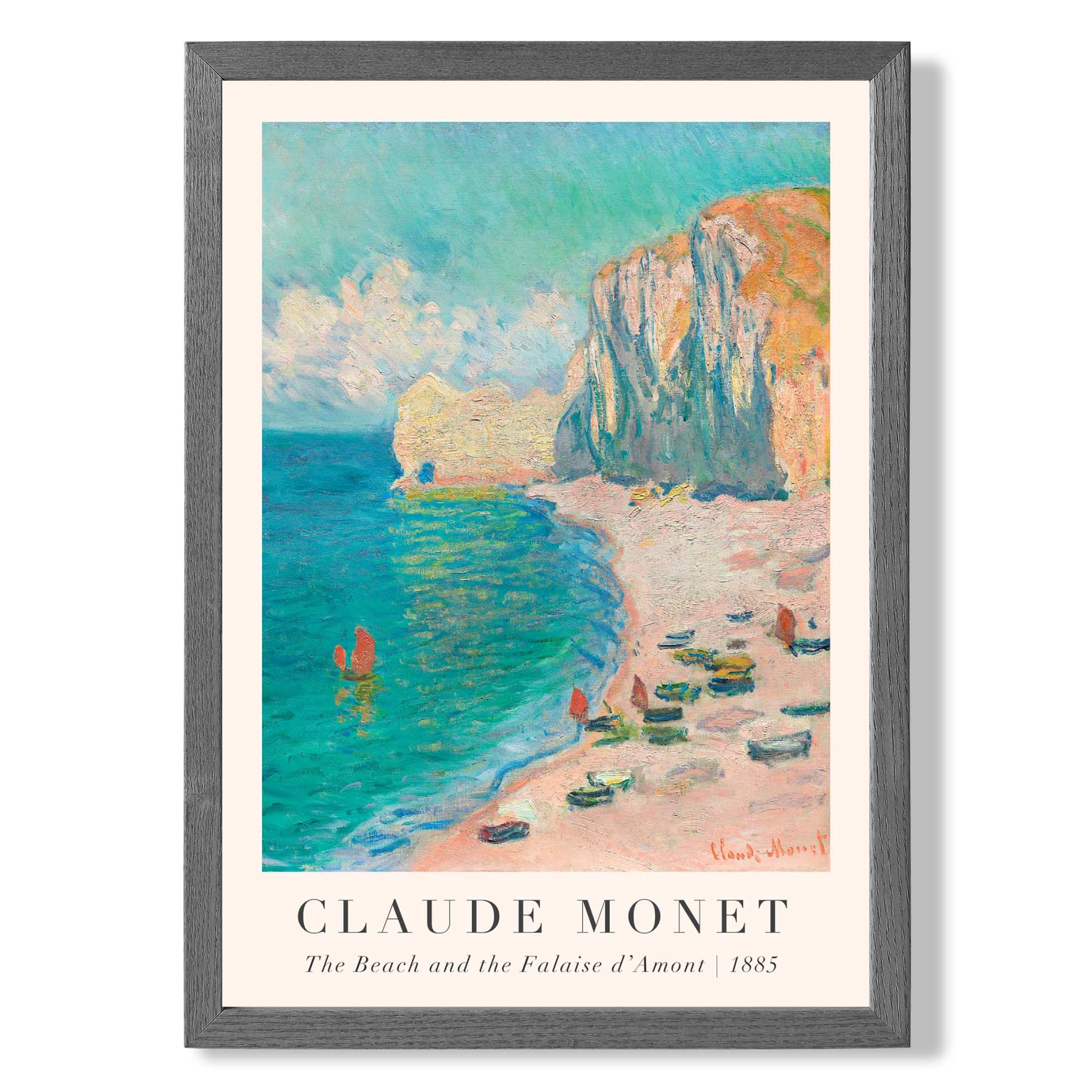 Claude Monet The Beach and the Falaise d'Amont print in Dark Grey Wooden Frame
