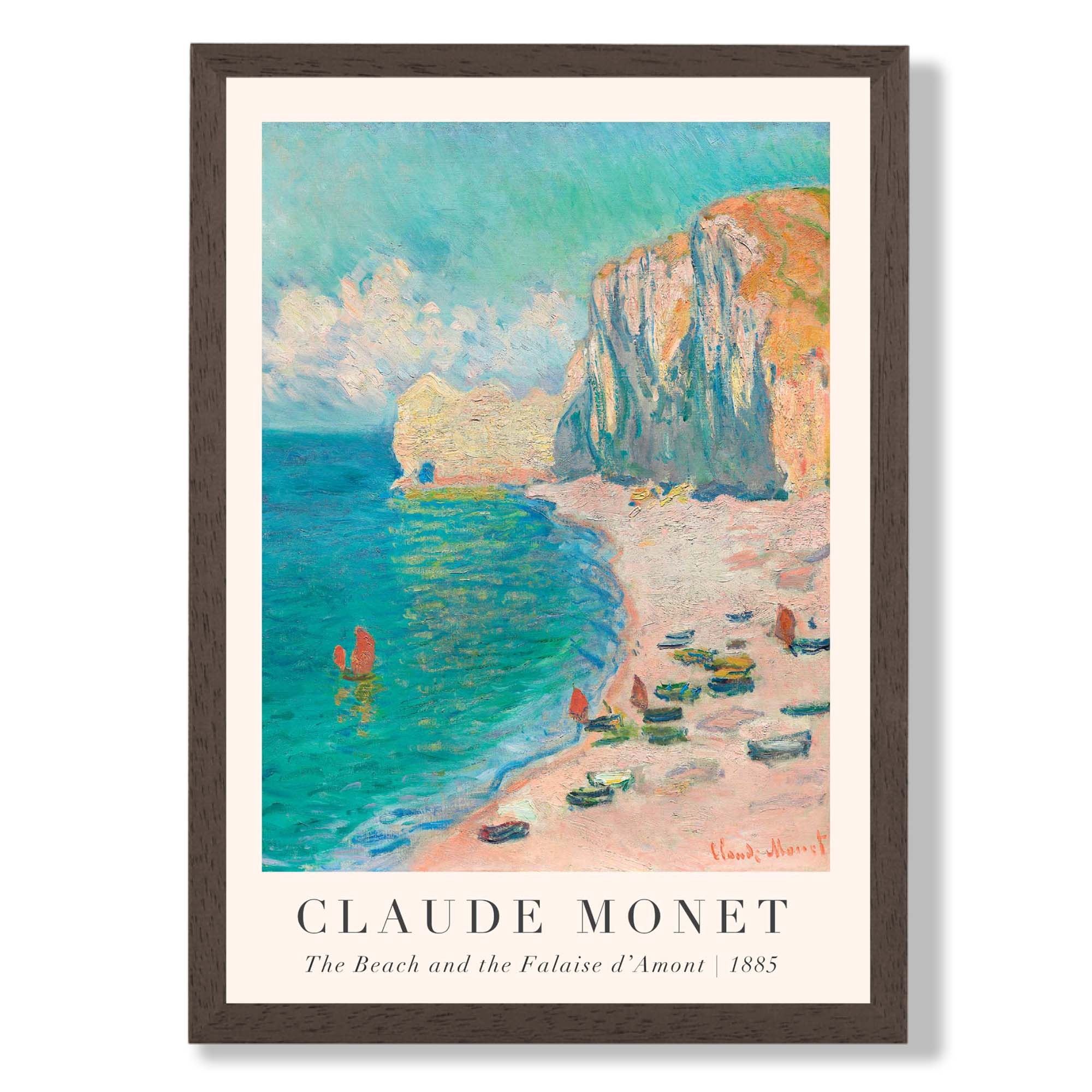 Claude Monet The Beach and the Falaise d'Amont print in Dark Wooden Frame