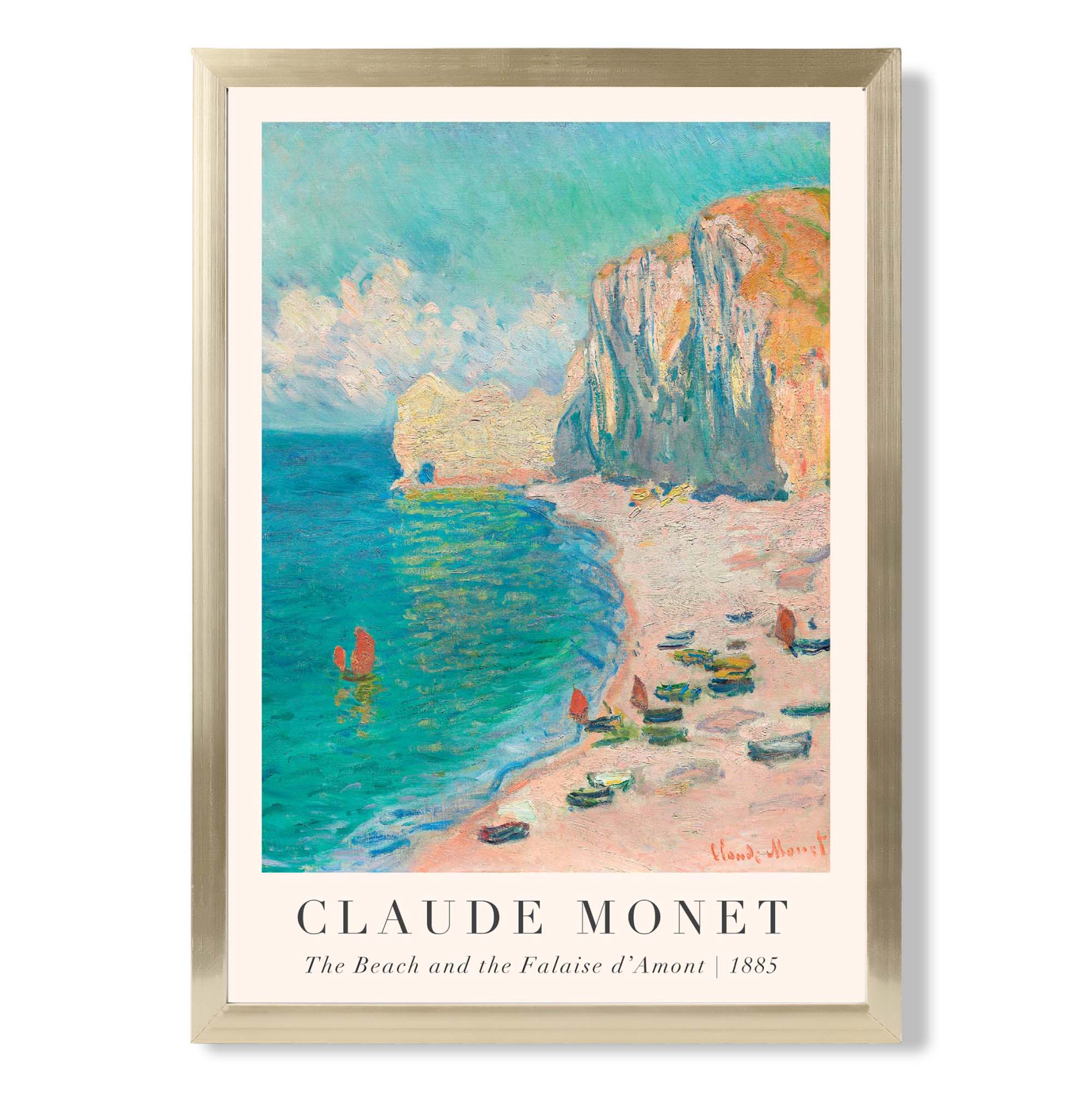 Claude Monet The Beach and the Falaise d'Amont print in Gold Wooden Frame