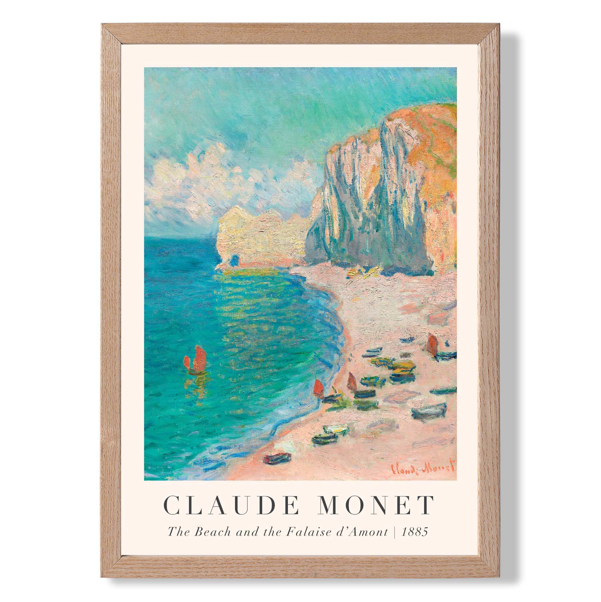 Claude Monet The Beach and the Falaise d'Amont print in Light Oak Wooden Frame