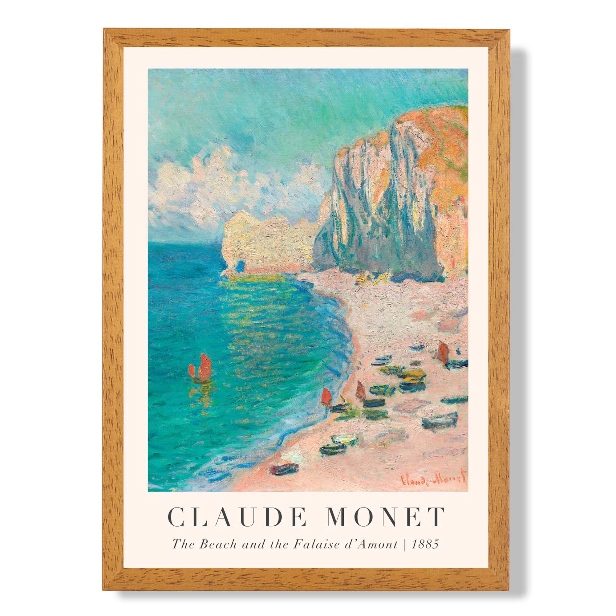Claude Monet The Beach and the Falaise d'Amont print in Oak Wooden Frame