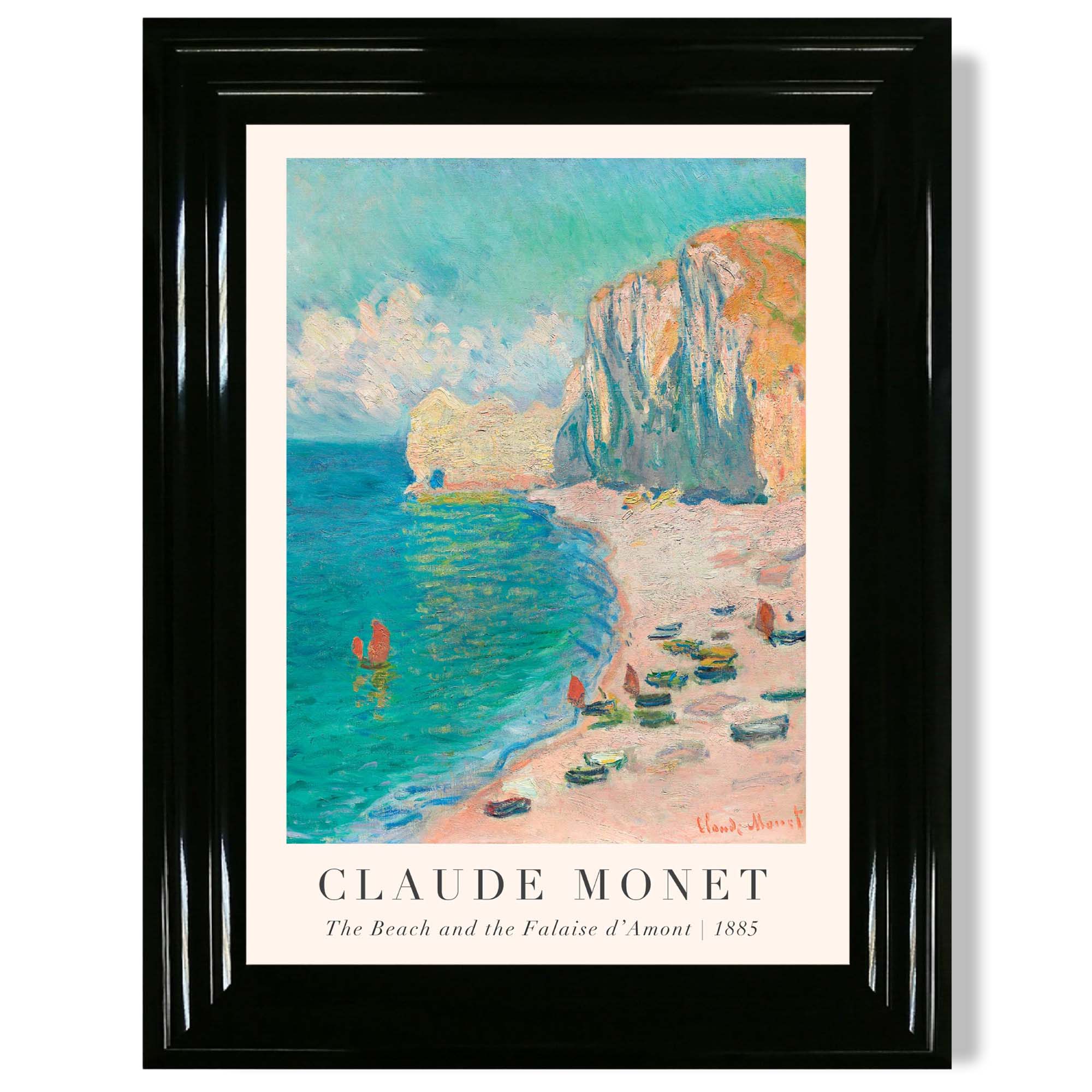 Claude Monet The Beach and the Falaise d'Amont print in Black Glossy Frame