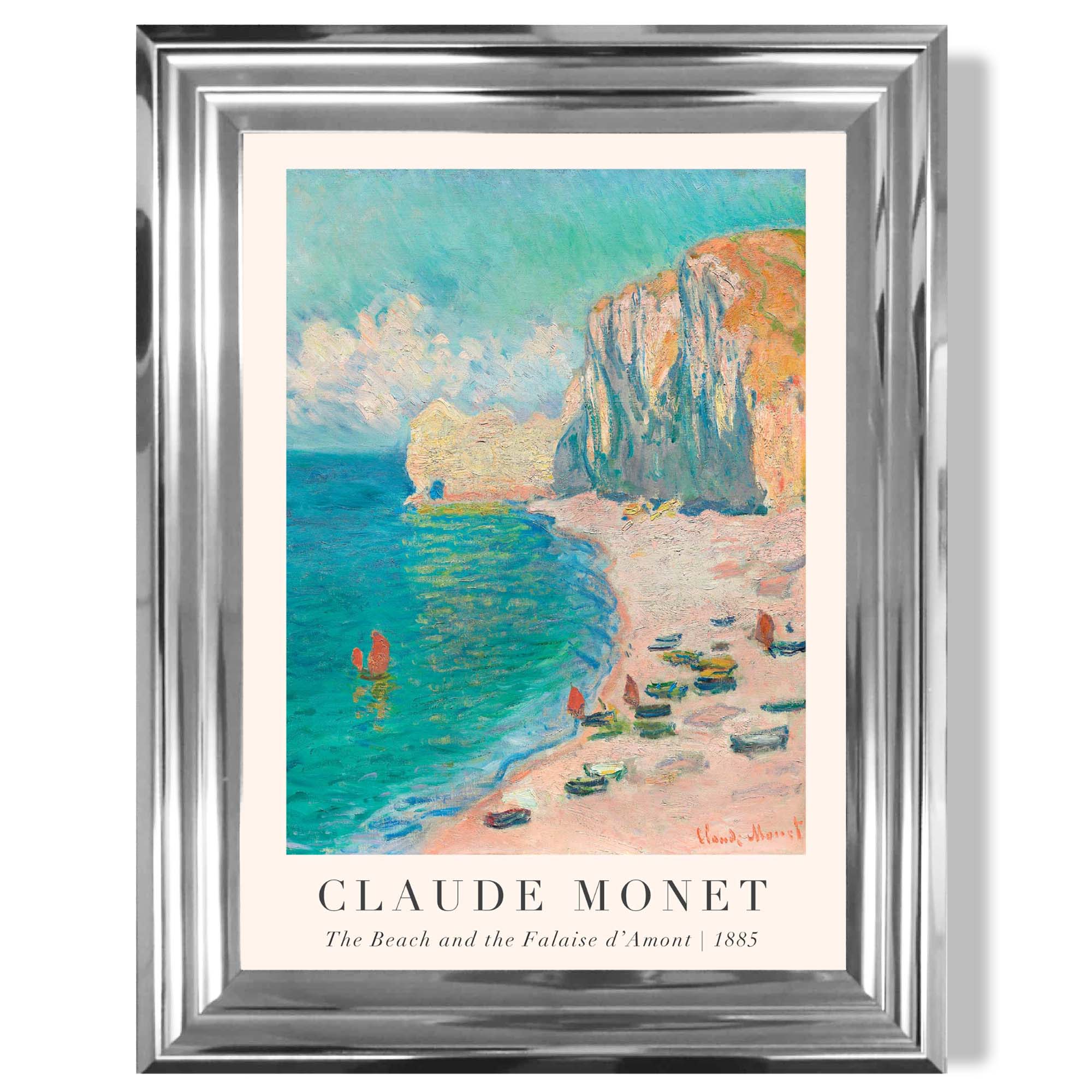Claude Monet The Beach and the Falaise d'Amont print in Chrome Glossy Frame